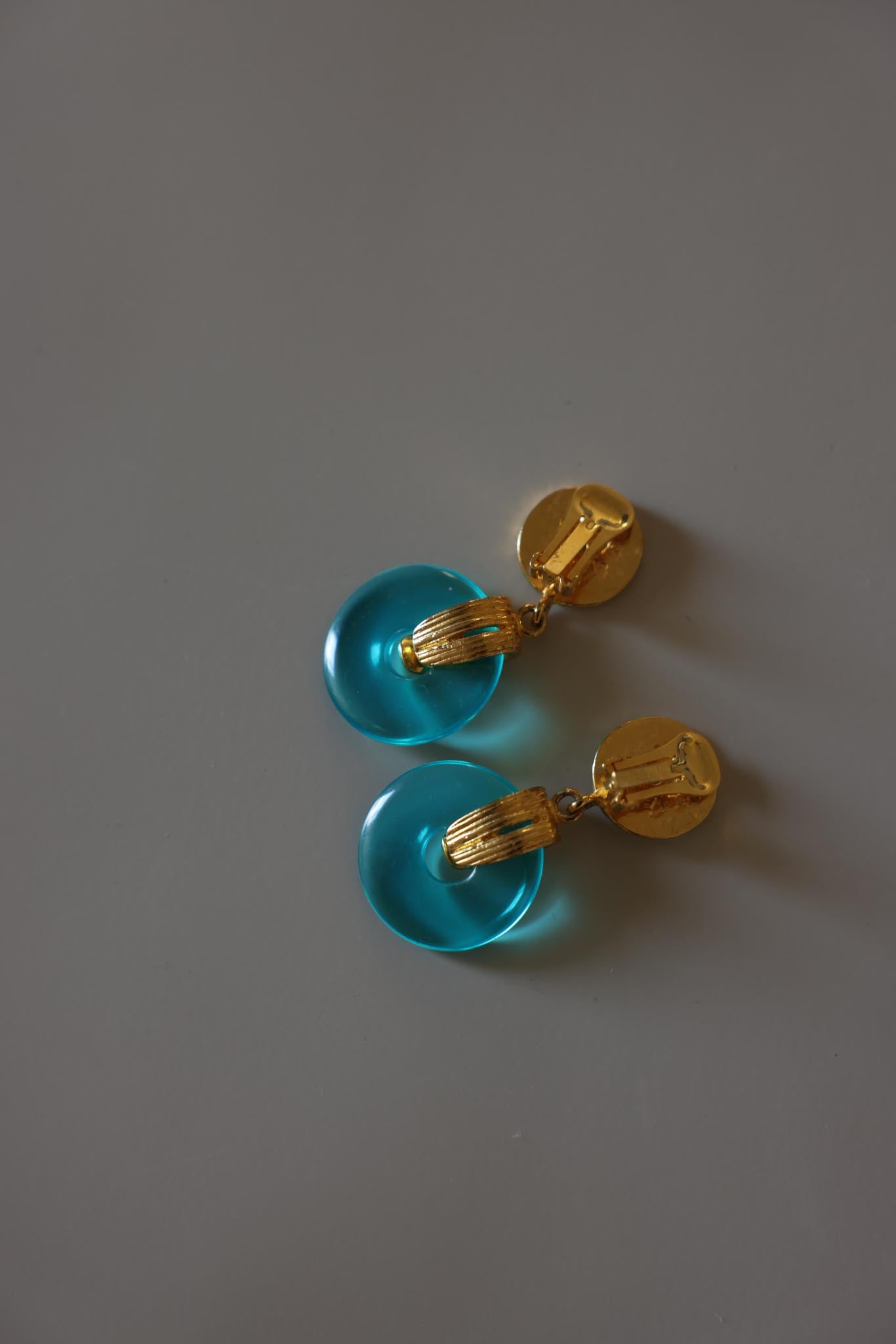 Gold Tone Blue Acrylic Disc Clip-On Earrings