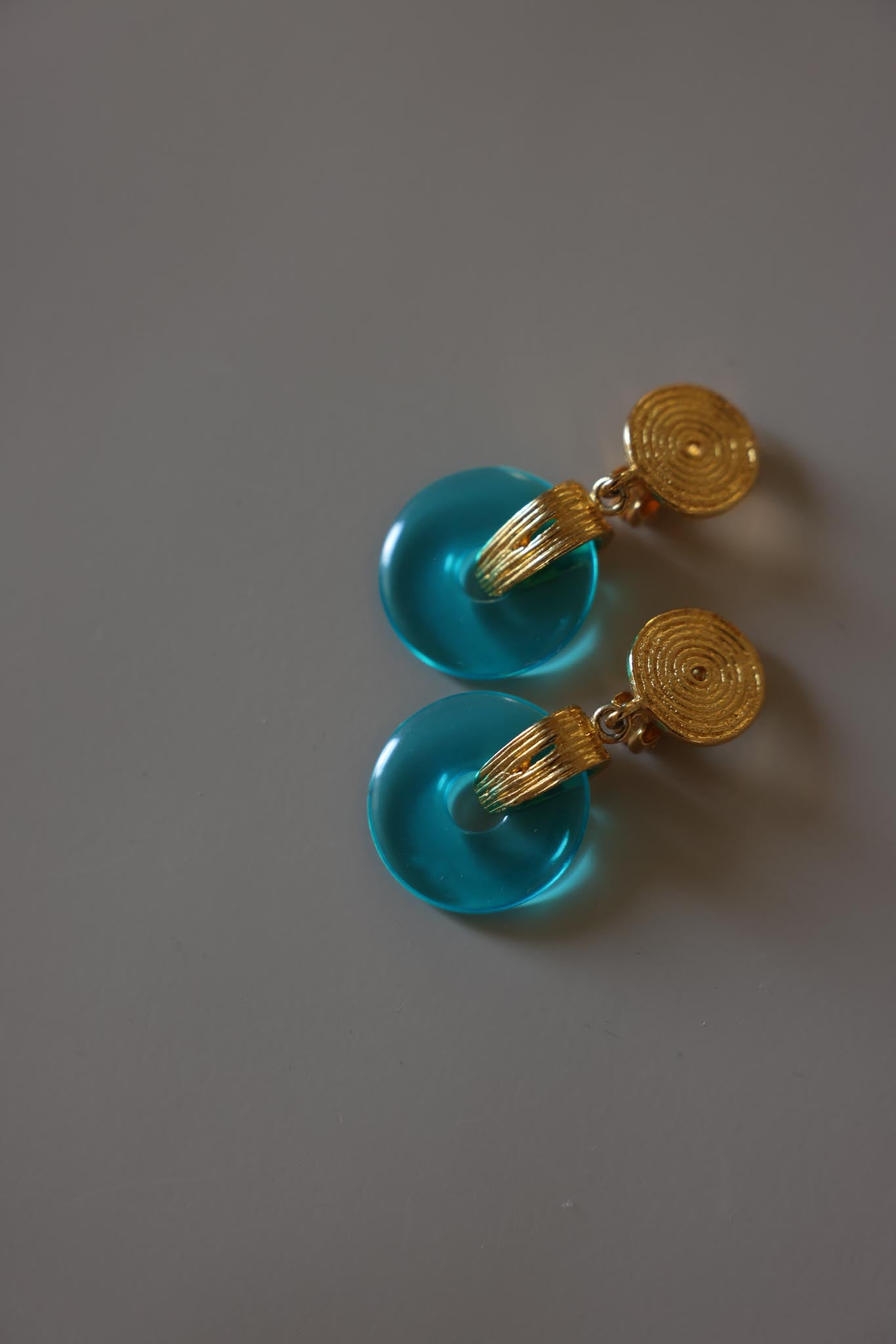 Gold Tone Blue Acrylic Disc Clip-On Earrings
