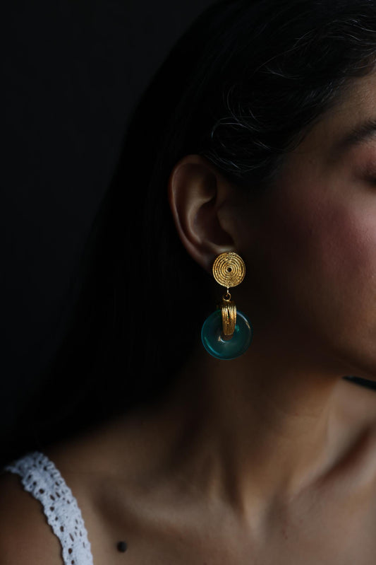 Gold Tone Blue Acrylic Disc Clip-On Earrings