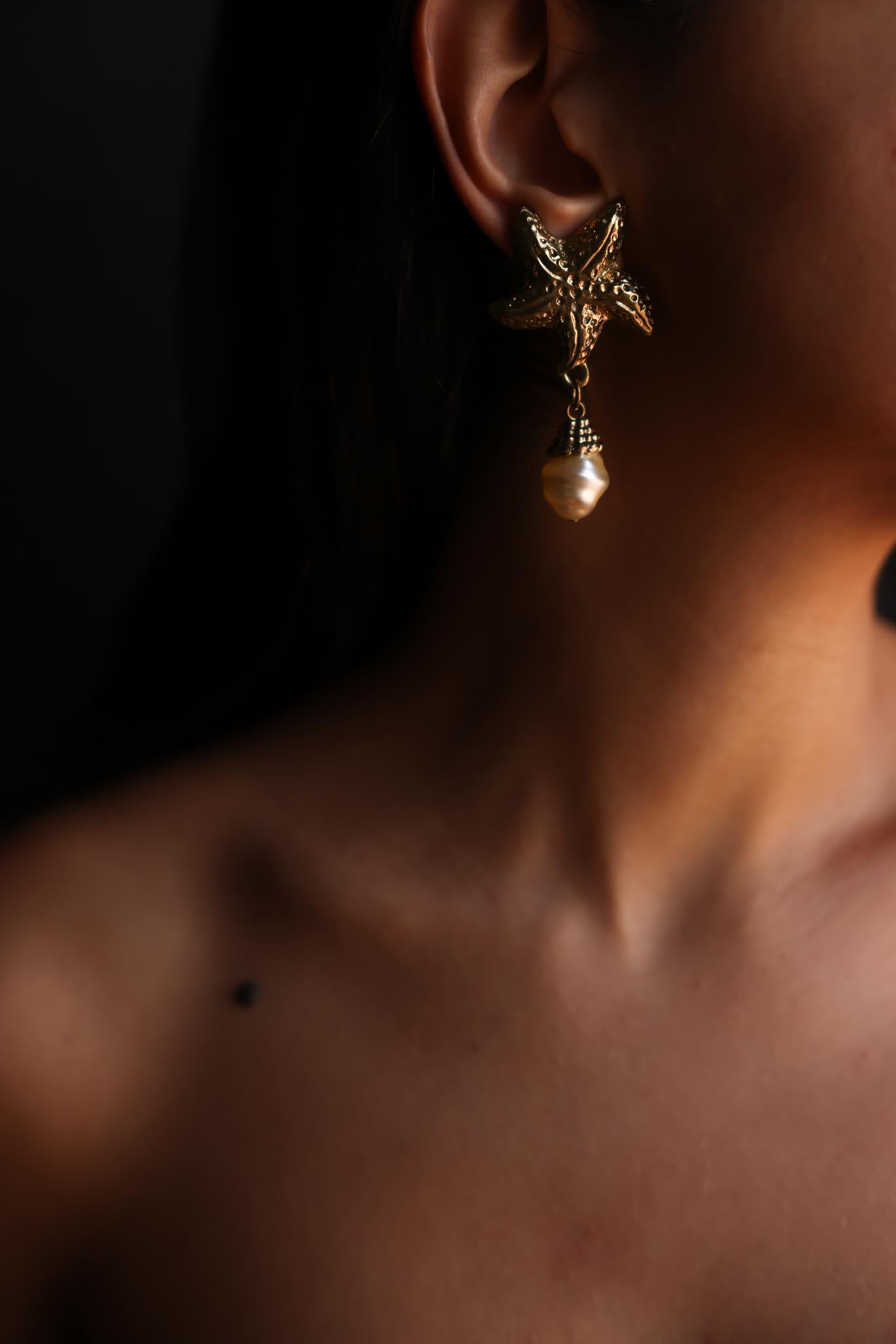 Starfish Pearl Drop Clip-On Earrings|Vintage Baazaar 