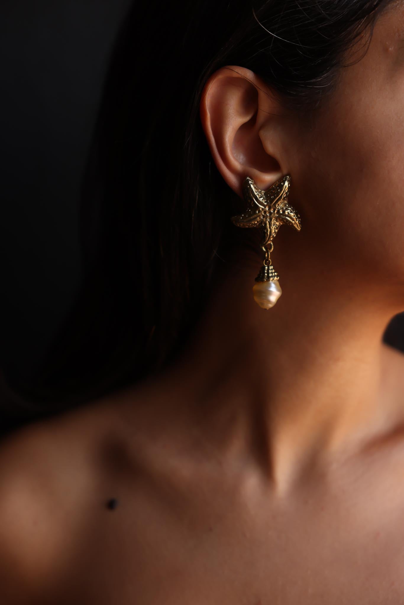 Starfish Pearl Drop Clip-On Earrings|Vintage Baazaar 