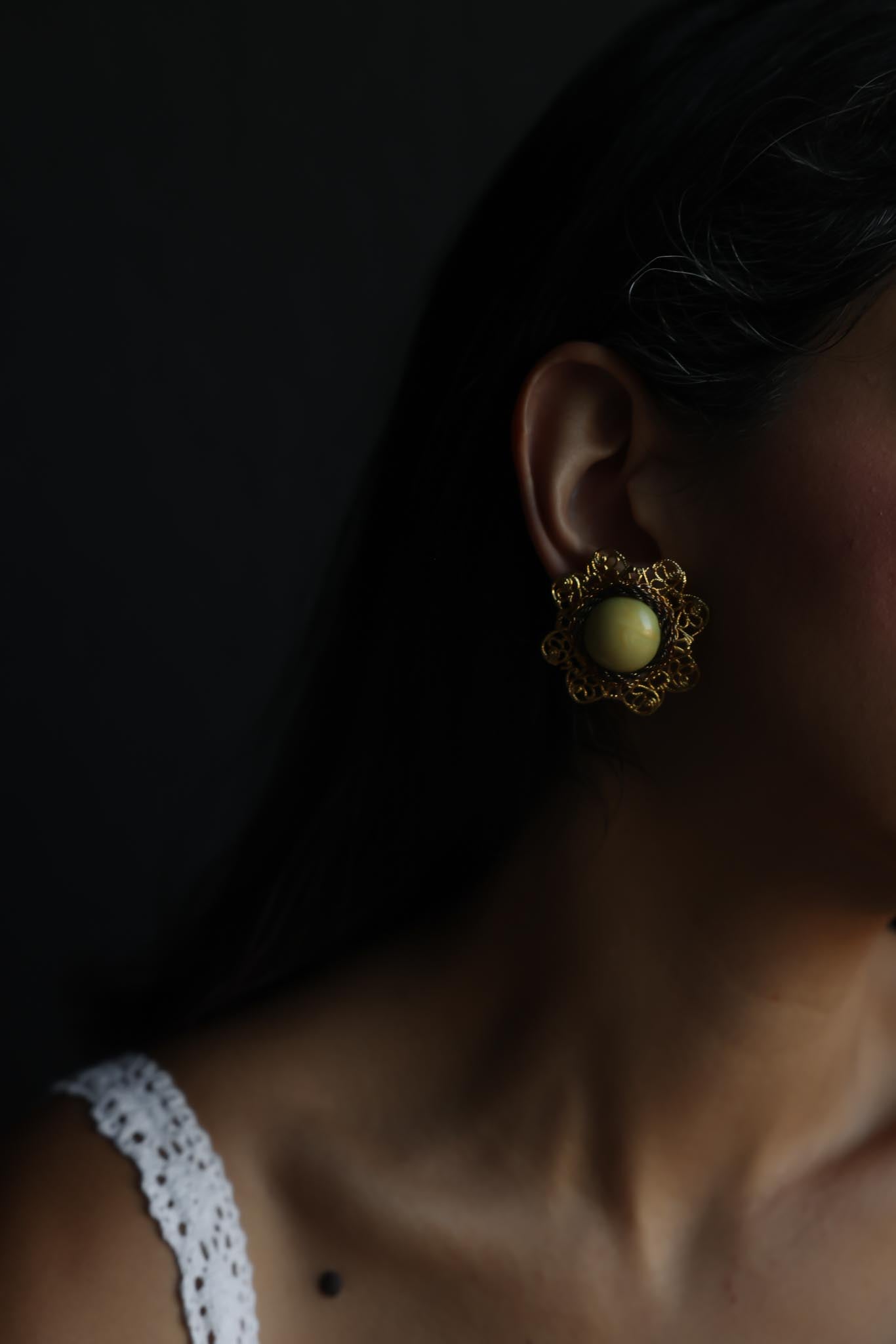 Gold Tone Light Green Cabochon Filigree Clip-On Earrings