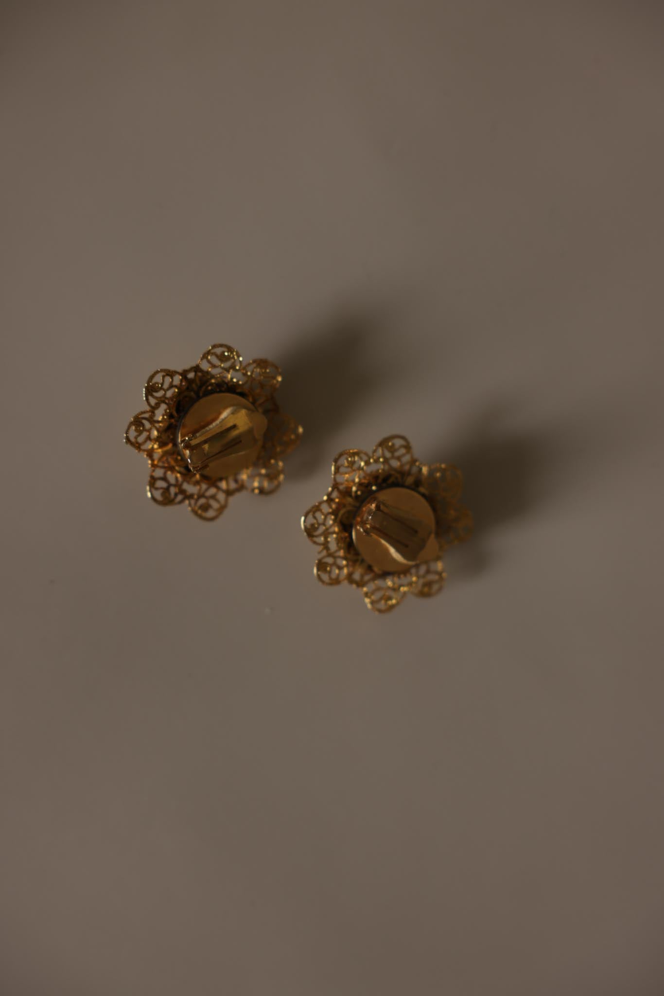 Gold Tone Light Green Cabochon Filigree Clip-On Earrings