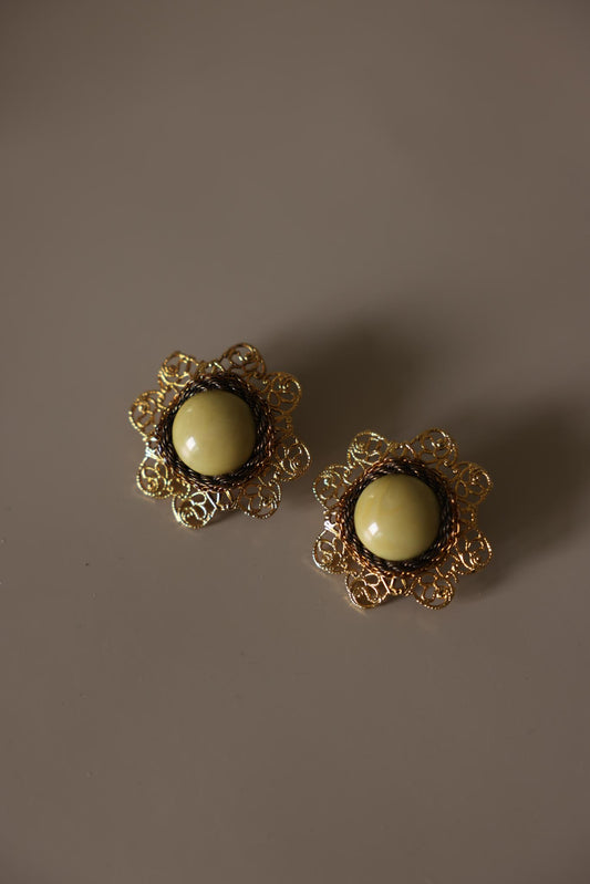 Gold Tone Light Green Cabochon Filigree Clip-On Earrings|Vintage Baazaar 