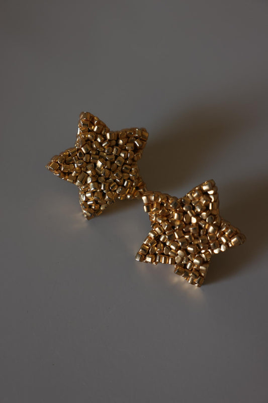Vintage Chunky Gold Tone Textured Star Clip-On Earrings