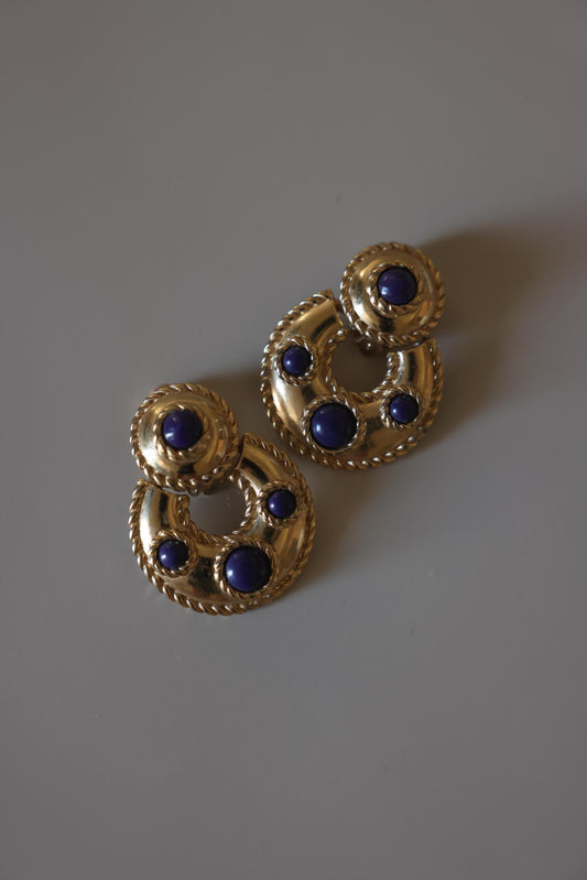 Vintage Gold Tone Blue Cabochon Clip-On Earrings