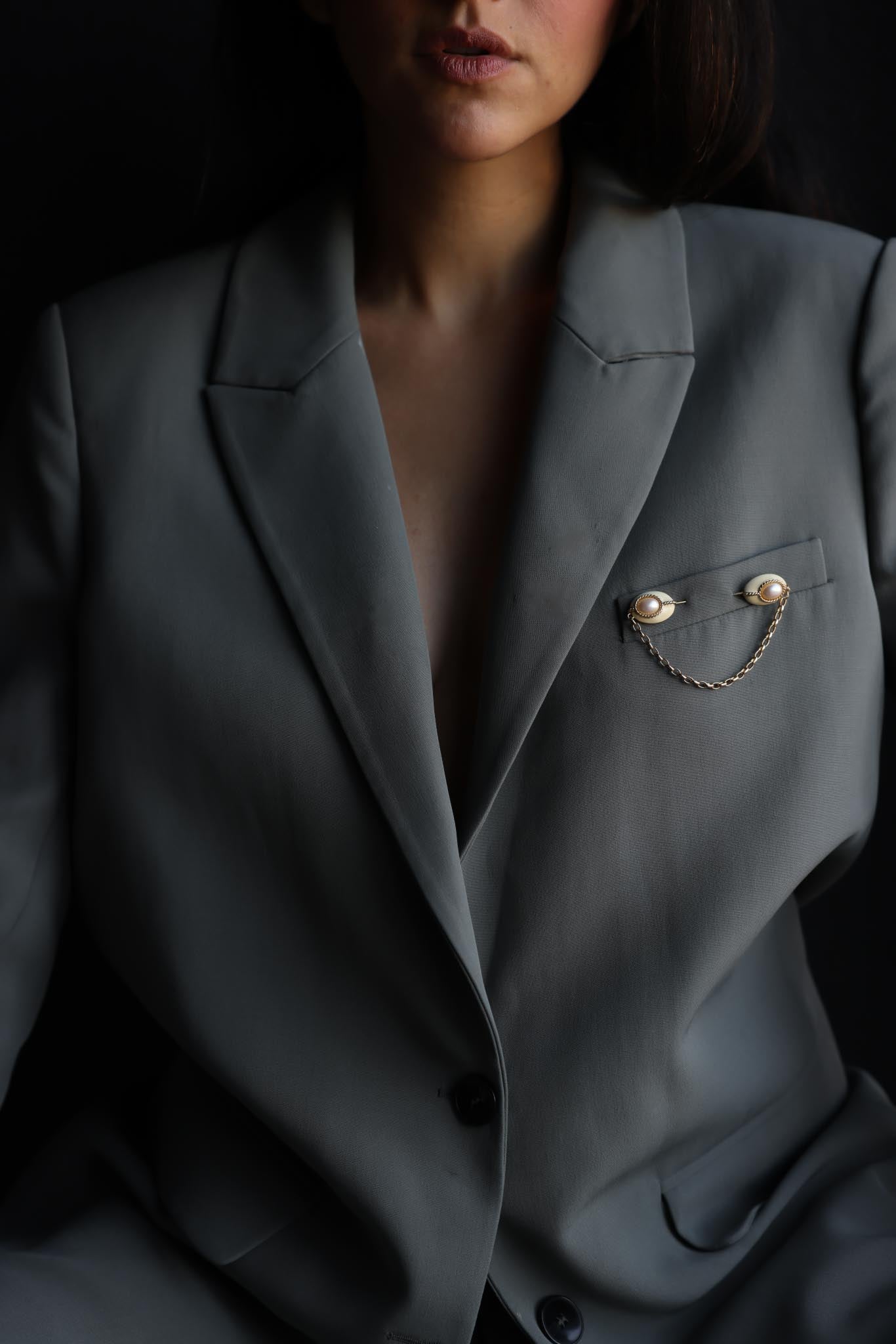 Signed Gold-Toned Double-End Chain Brooch with Faux Pearls|Vintage Baazaar 