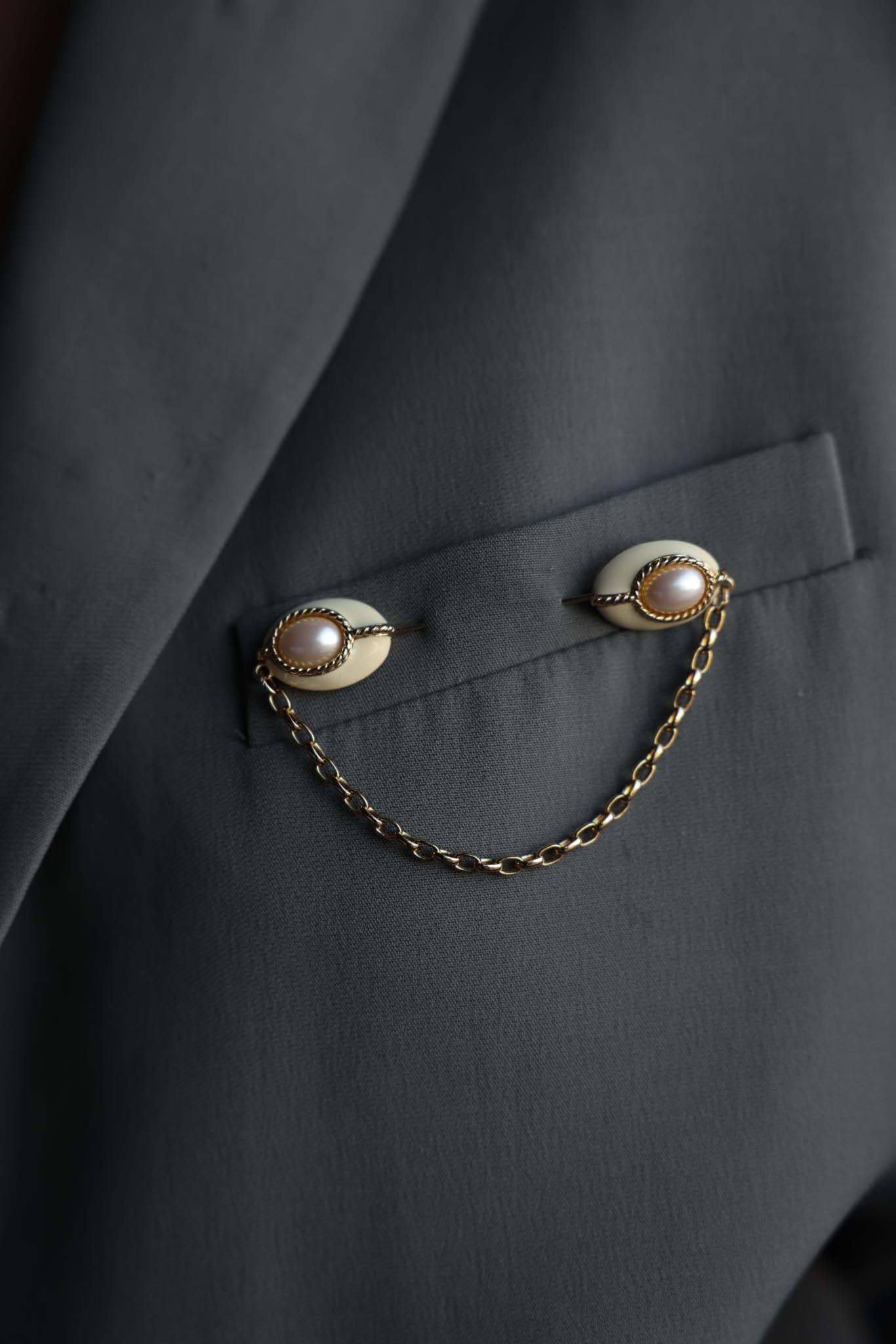 Signed Gold-Toned Double-End Chain Brooch with Faux Pearls|Vintage Baazaar 