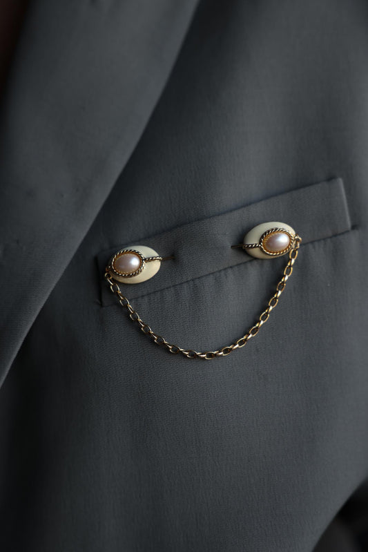 Signed Gold-Toned Double-End Chain Brooch with Faux Pearls|Vintage Baazaar 