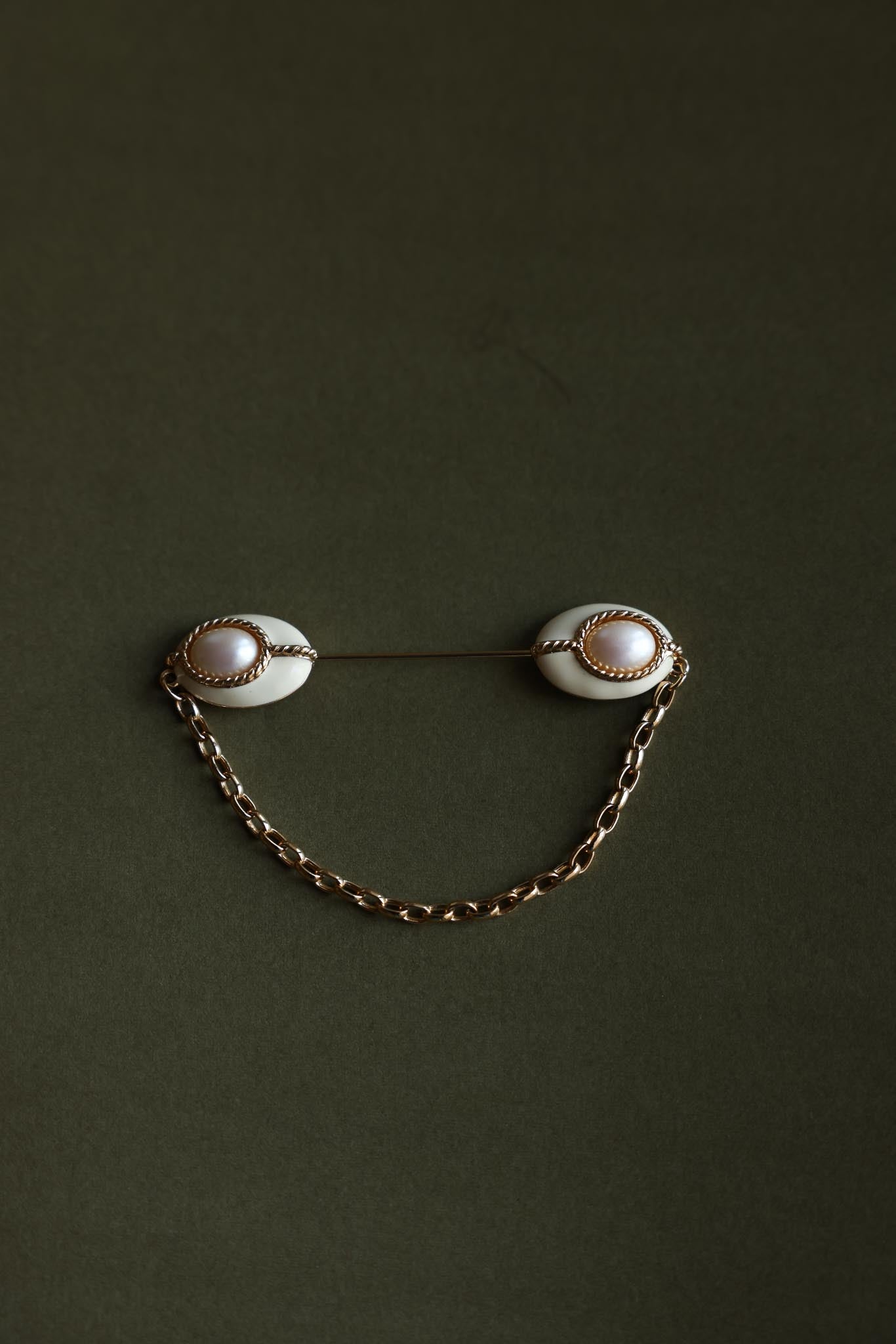 Signed Gold-Toned Double-End Chain Brooch with Faux Pearls|Vintage Baazaar 