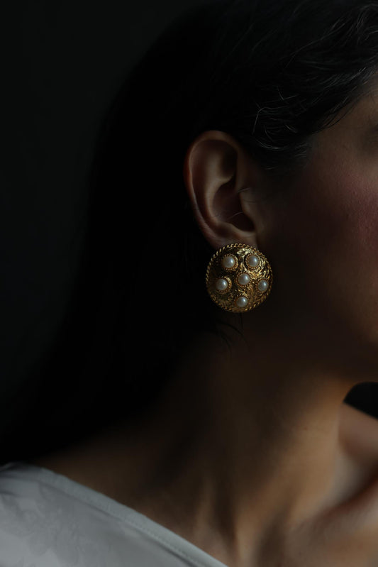 Gold Tone Faux Pearl Dome Clip-On Earrings