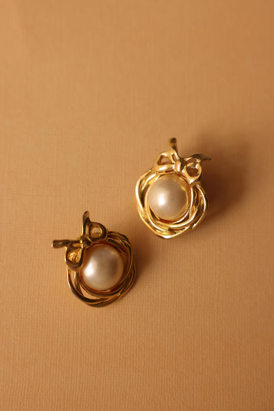 Bow-Topped Clip-On Earrings with Faux Pearls|Vintage Baazaar 