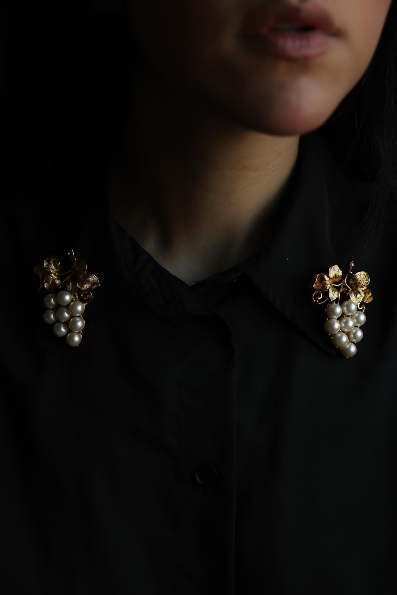 Vintage Gold Tone Faux Pearl Grape Brooch Set of Two