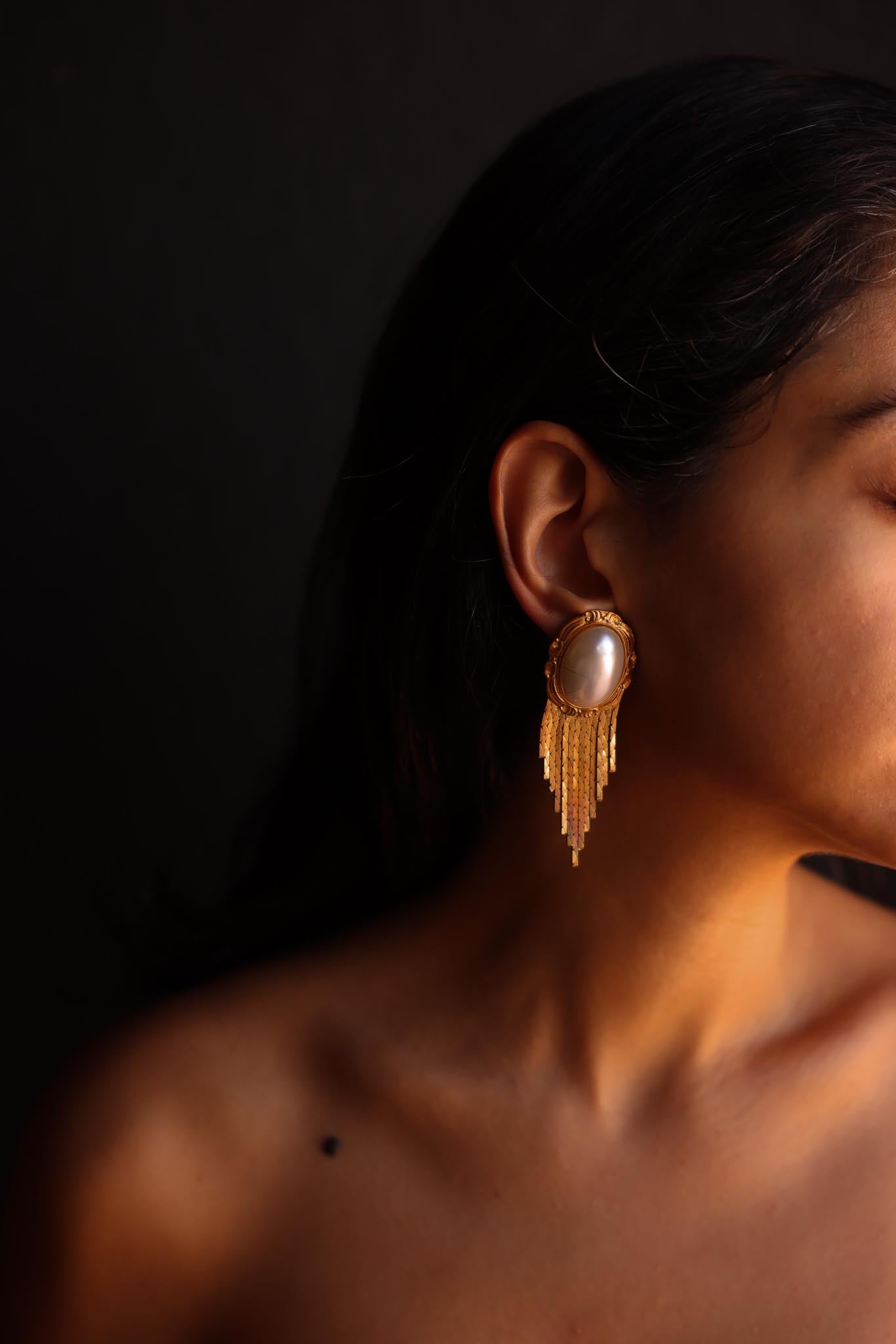 Golden Cascade Earrings with Faux Pearl Center|Vintage Baazaar 