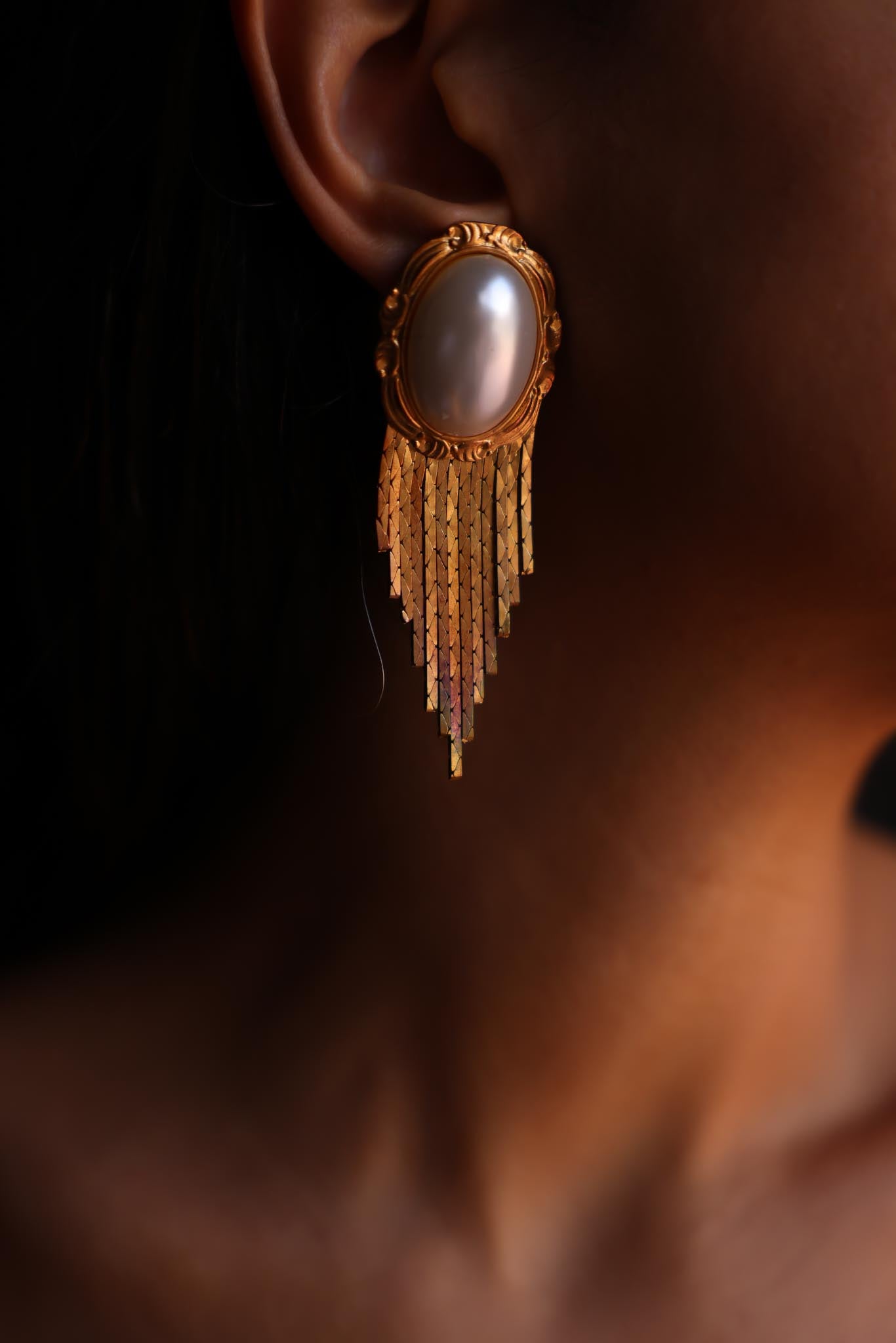 Golden Cascade Earrings with Faux Pearl Center|Vintage Baazaar 