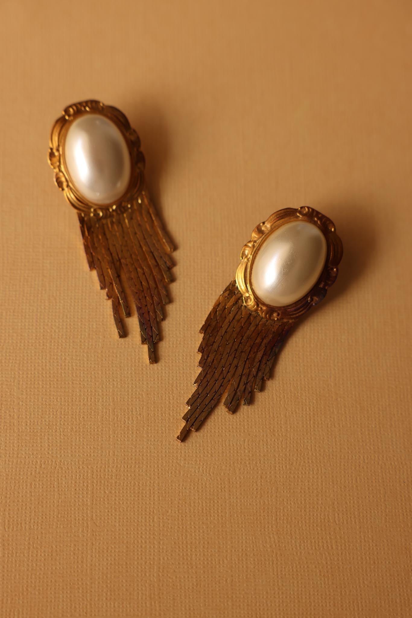 Golden Cascade Earrings with Faux Pearl Center|Vintage Baazaar 