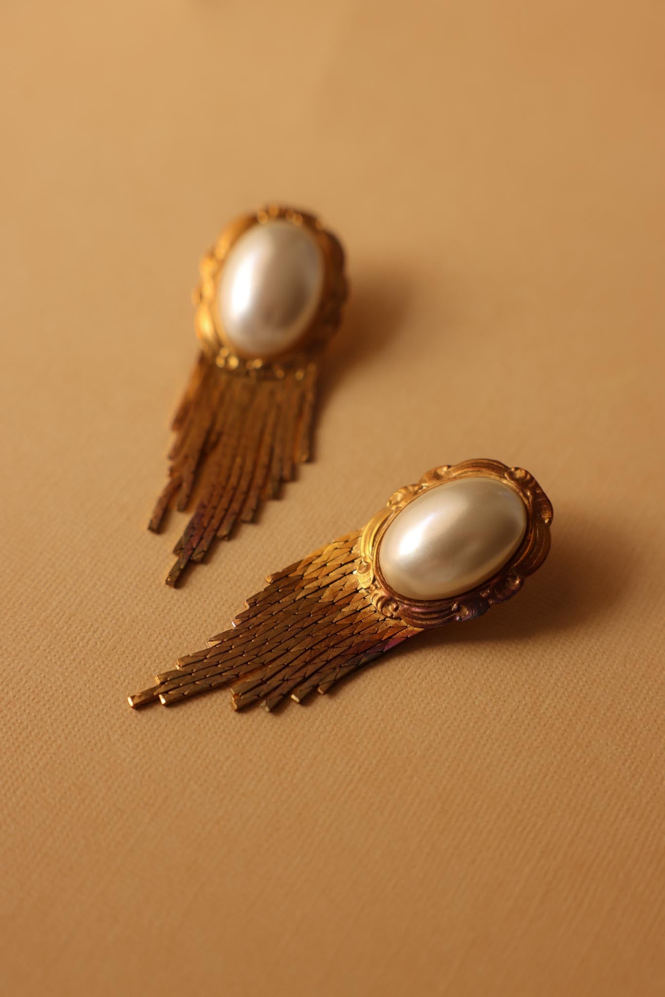 Golden Cascade Earrings with Faux Pearl Center|Vintage Baazaar 