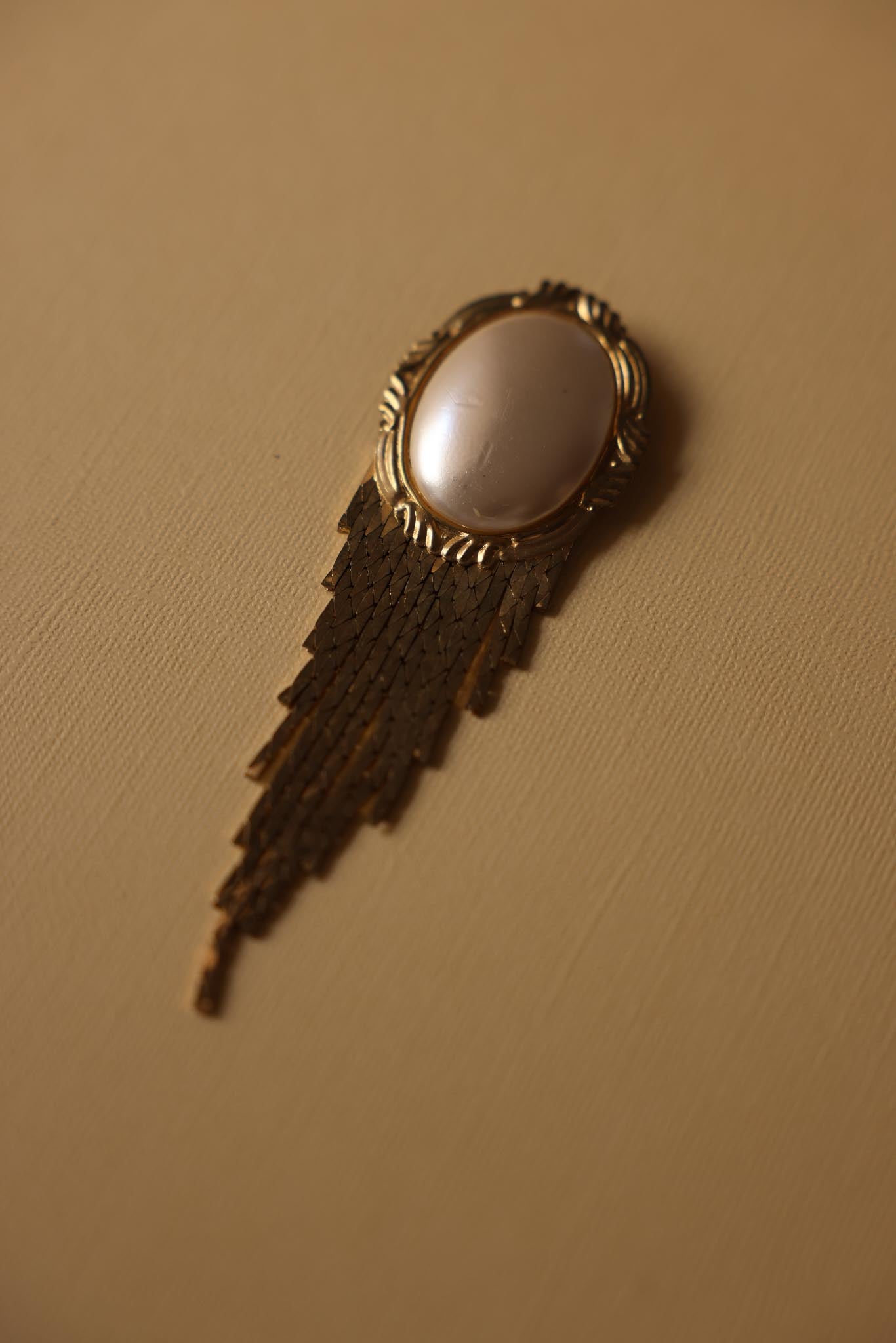 Gold Fringe Brooch with Faux Pearl Center|Vintage Baazaar 
