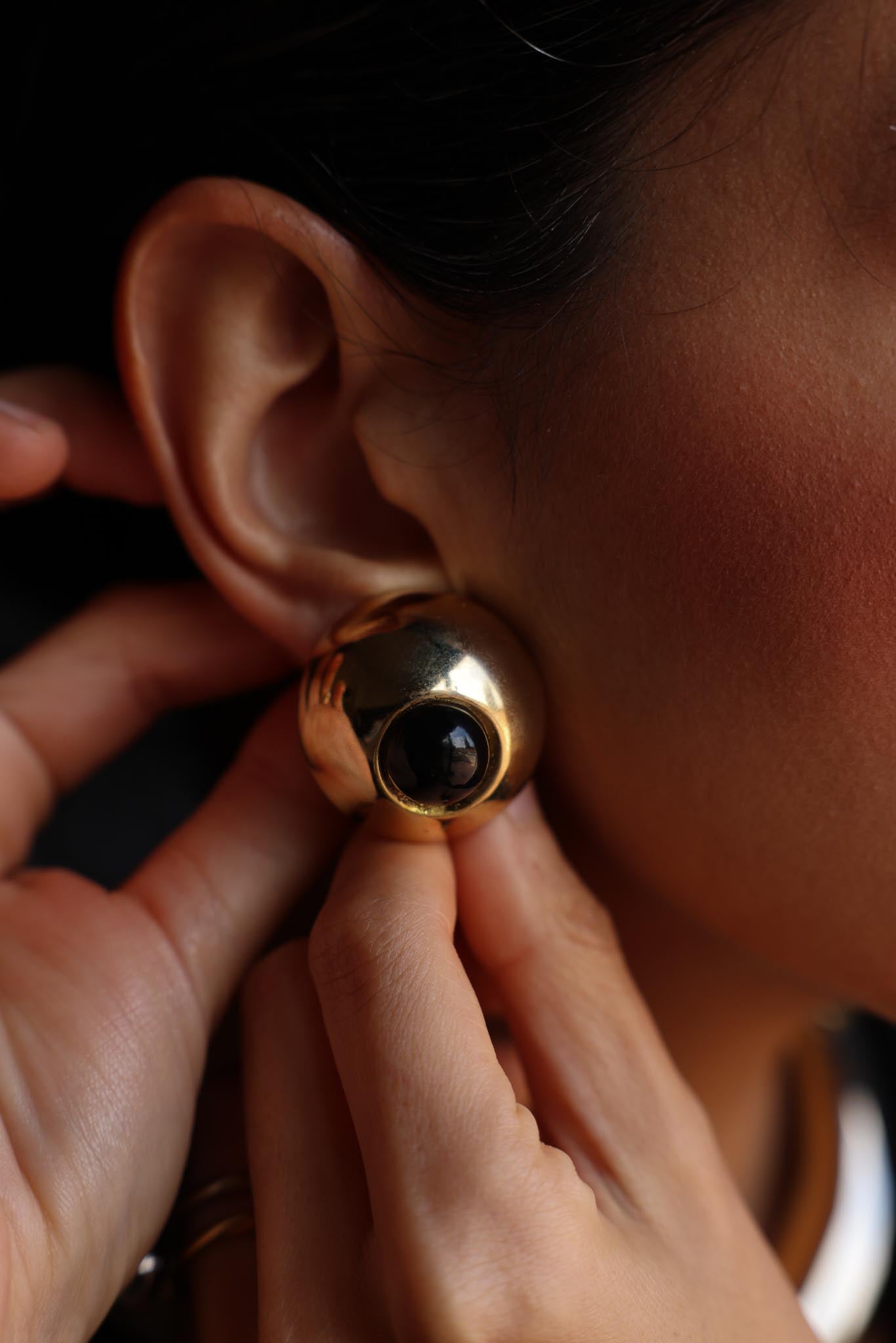 Gold-Tone Clip-On Earrings with Black Cabochons|Vintage Baazaar 