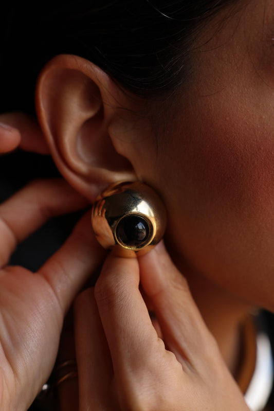 Gold-Tone Clip-On Earrings with Black Cabochons|Vintage Baazaar 