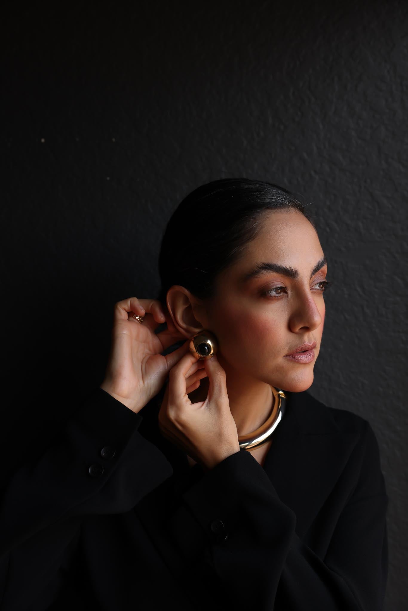 Gold-Tone Clip-On Earrings with Black Cabochons|Vintage Baazaar 