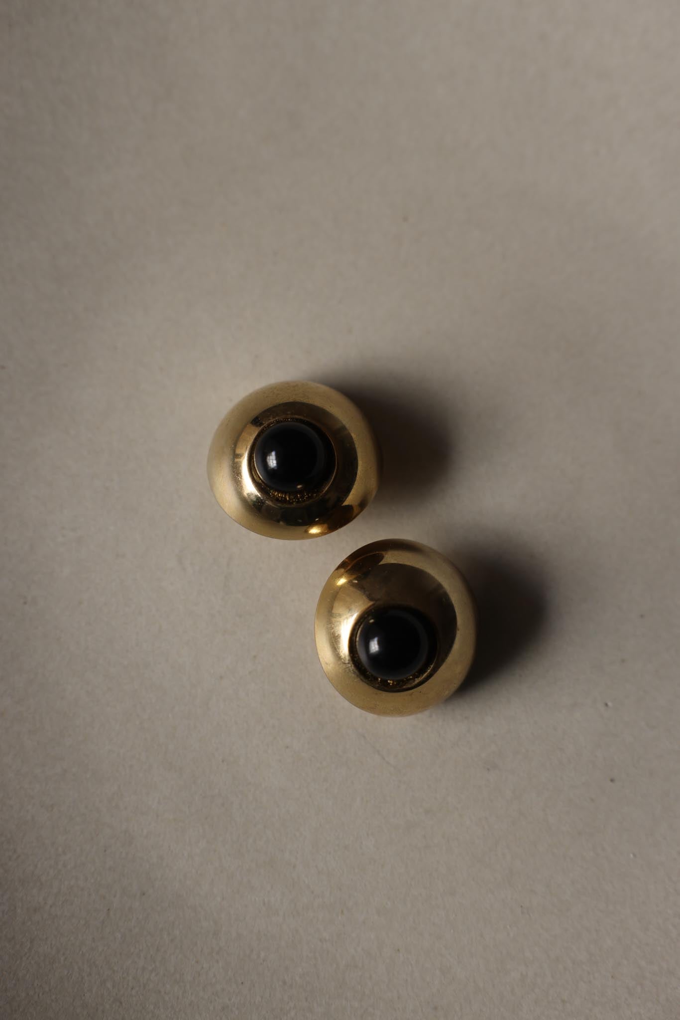 Gold-Tone Clip-On Earrings with Black Cabochons|Vintage Baazaar 