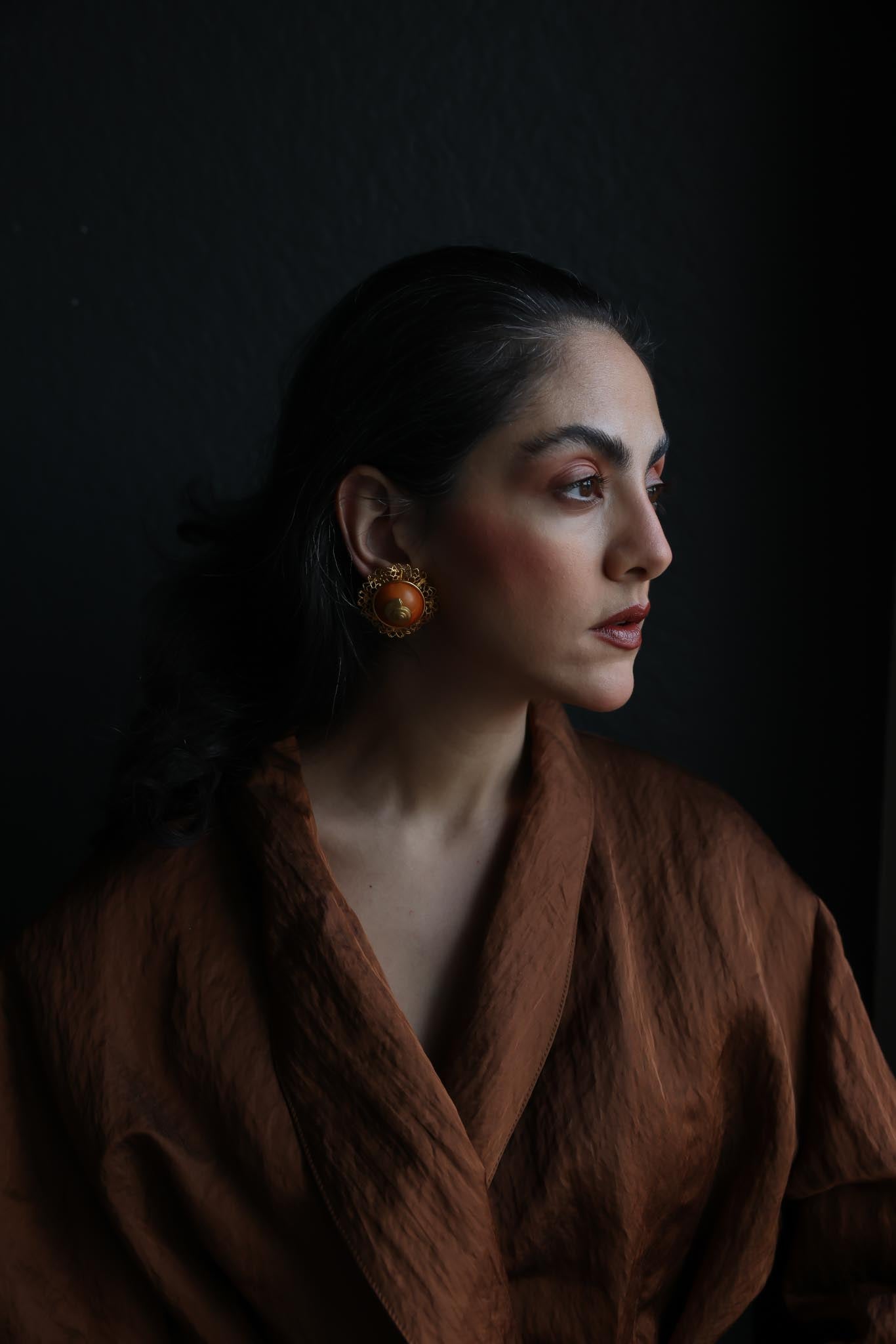 Gold-Tone Filigree Clip-On Earrings with Orange Center
