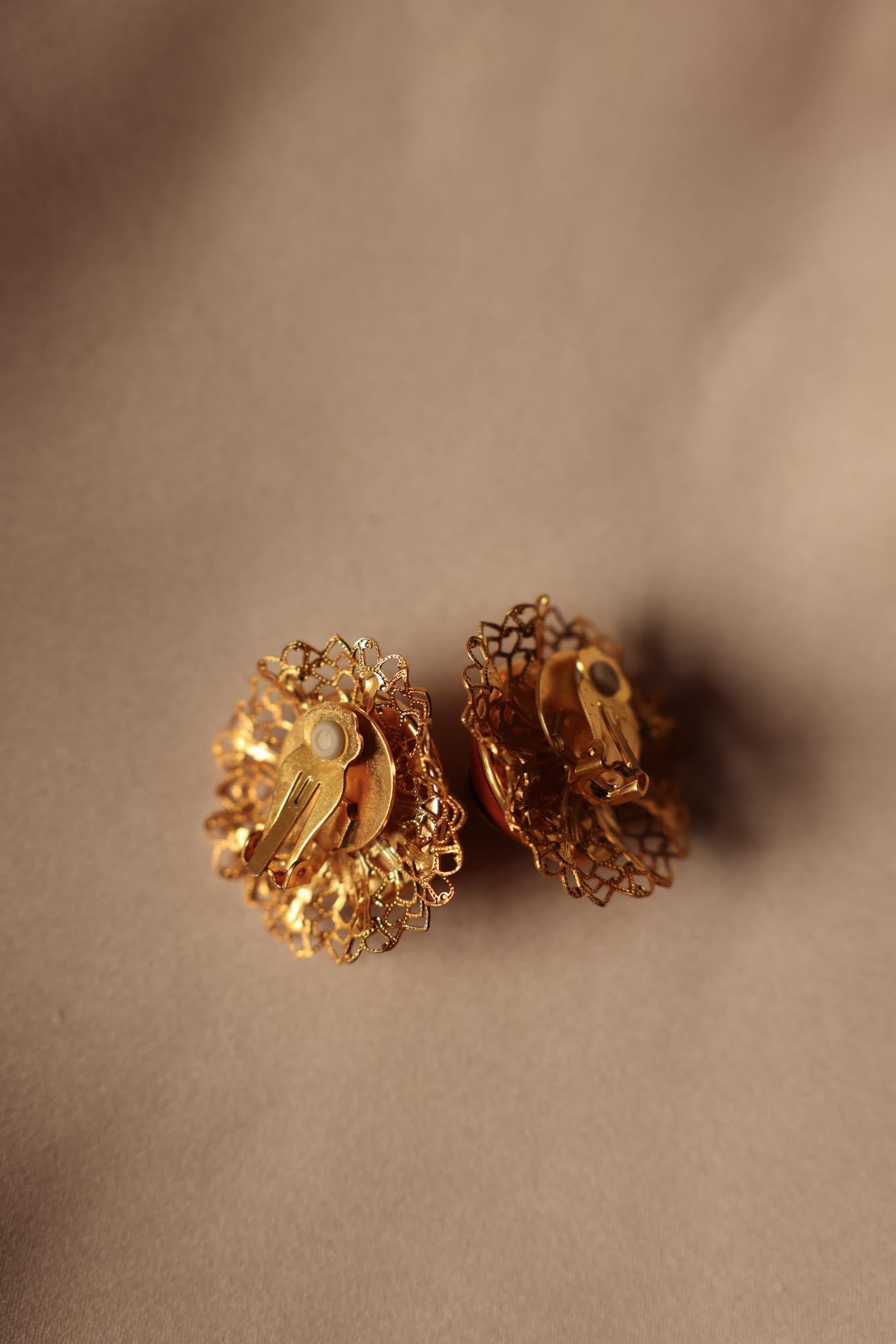 Gold-Tone Filigree Clip-On Earrings with Orange Center