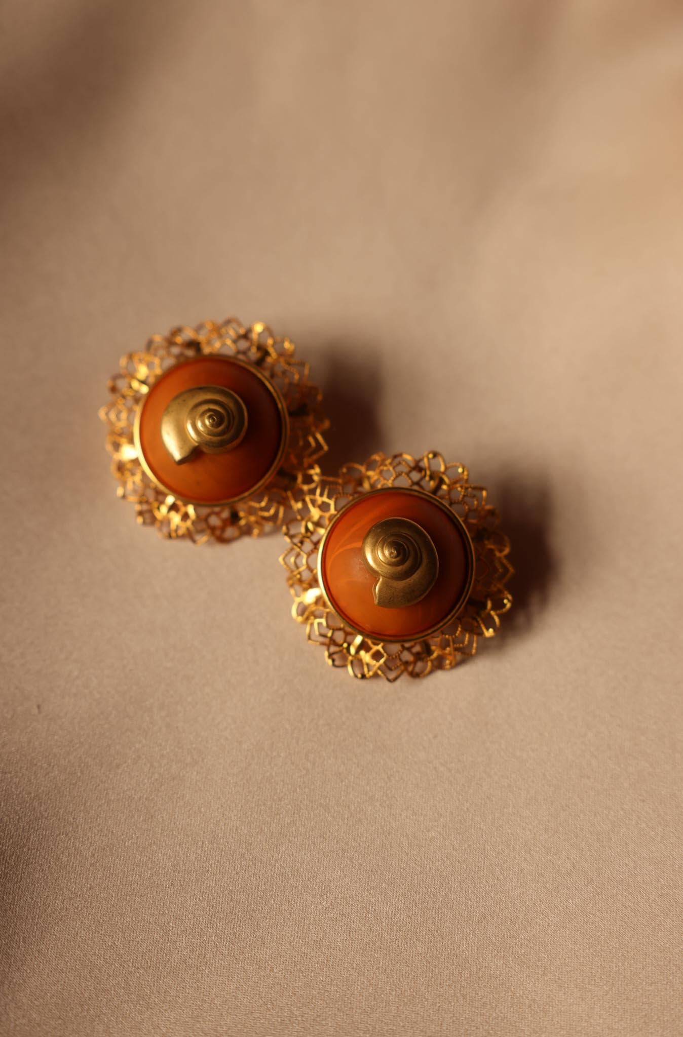Gold-Tone Filigree Clip-On Earrings with Orange Center