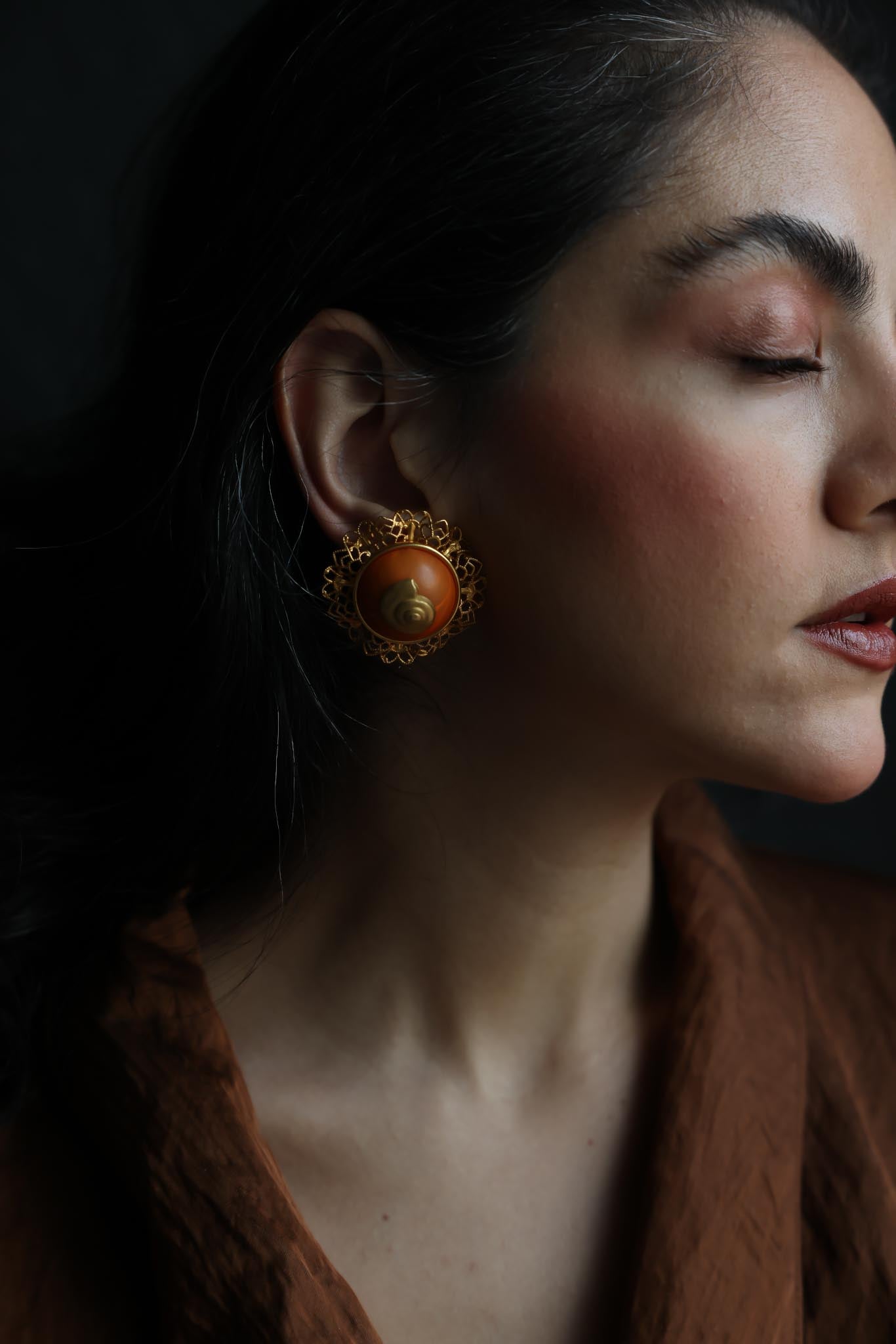 Gold-Tone Filigree Clip-On Earrings with Orange Center