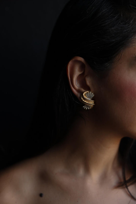 Two-Tone Clip-On Earrings with Rhinestones|Vintage Baazaar 