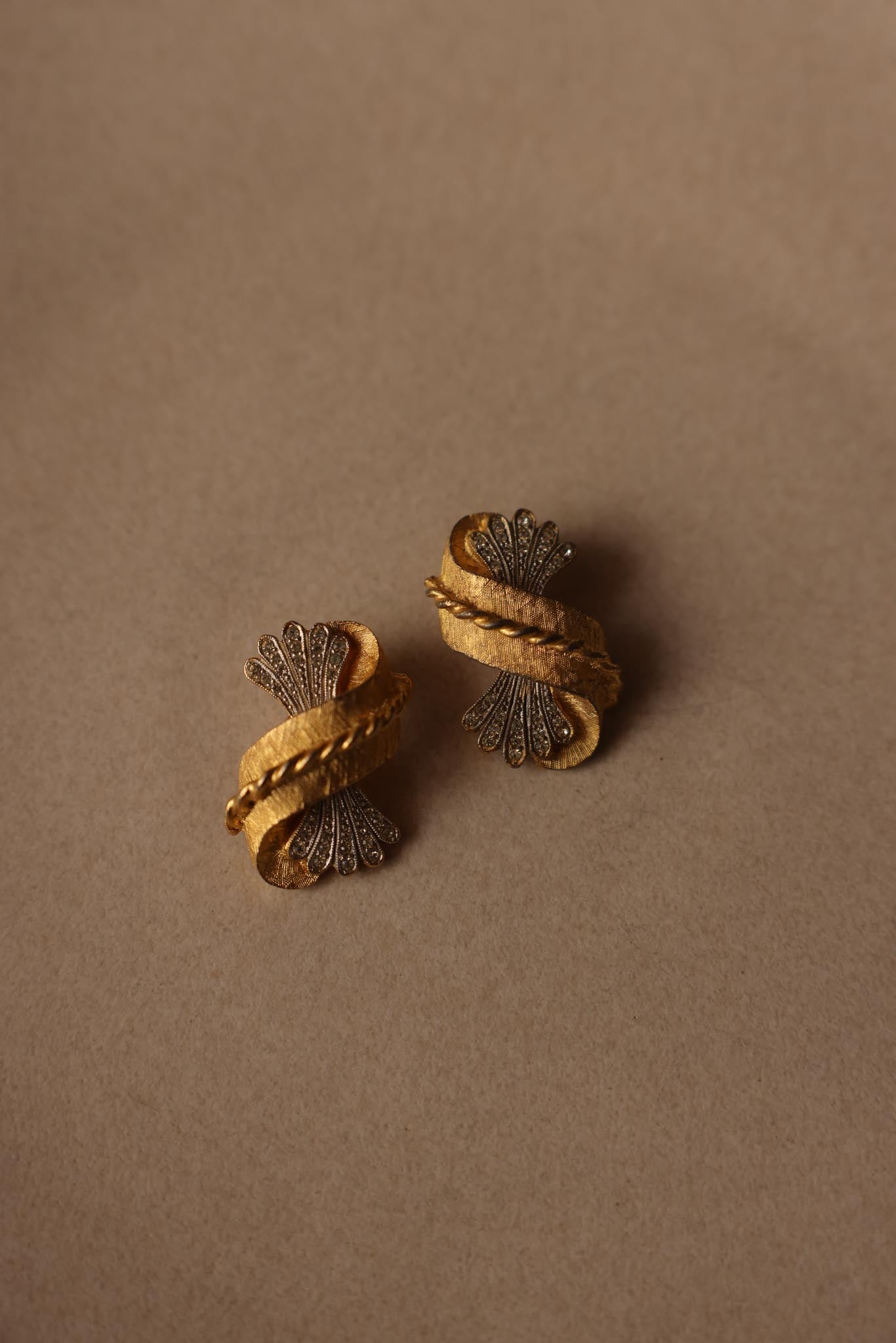 Two-Tone Clip-On Earrings with Rhinestones|Vintage Baazaar 