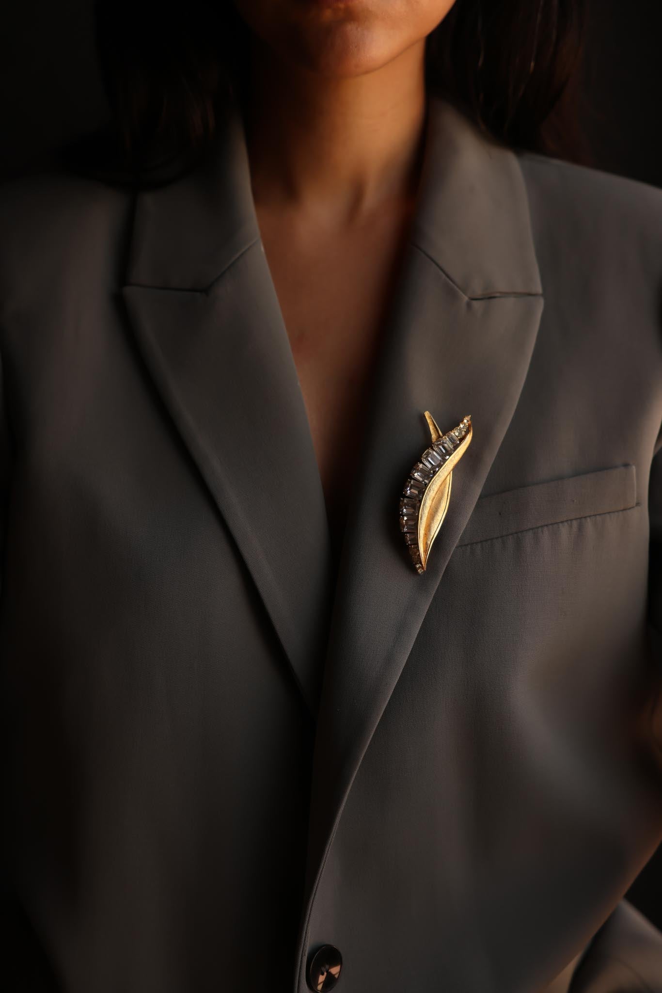 Gold-Tone Leaf Brooch with Baguette Rhinestones|Vintage Baazaar 