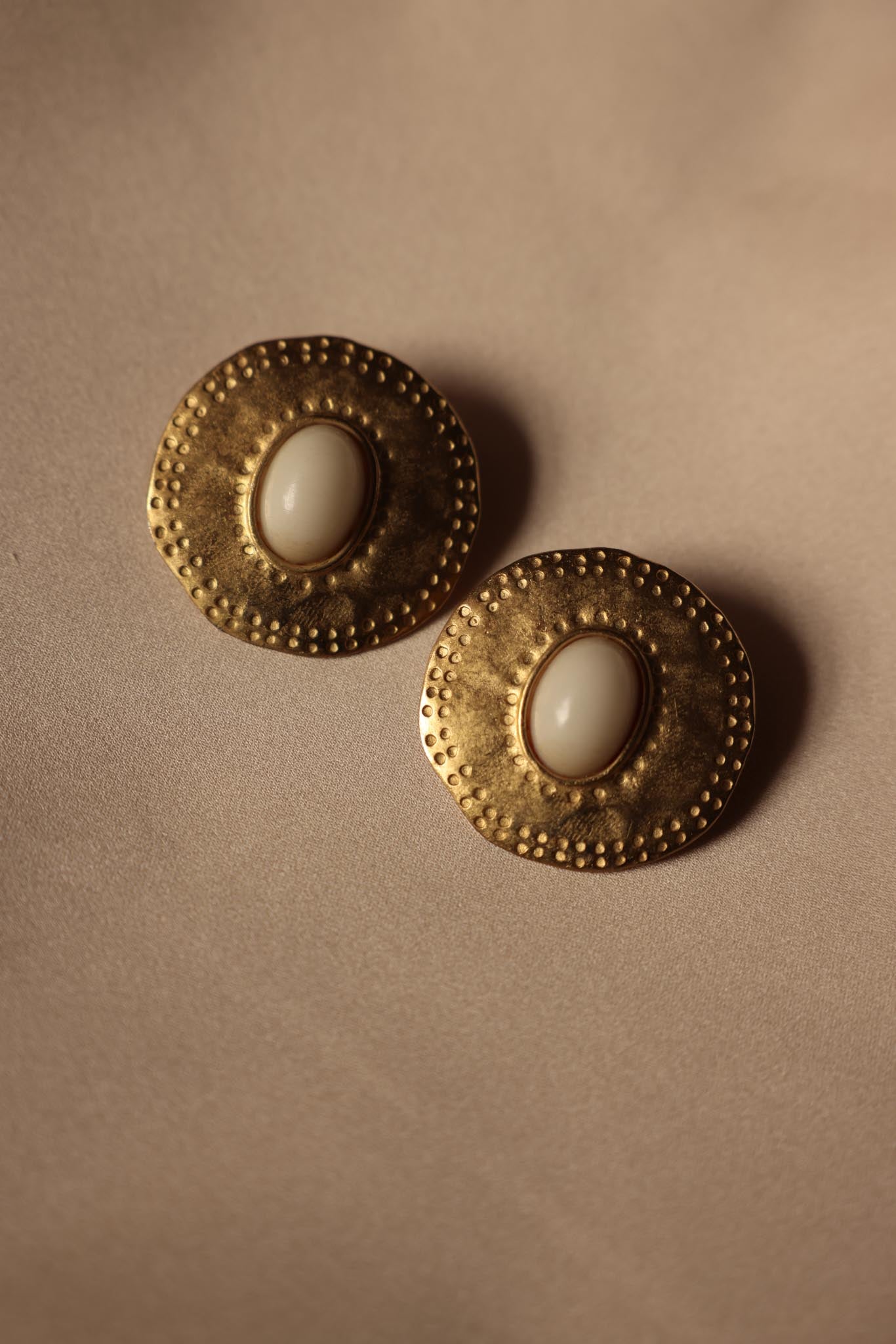 Gold-Plated Art Deco Clip-On Earrings with Ivory-Style Cabochons
