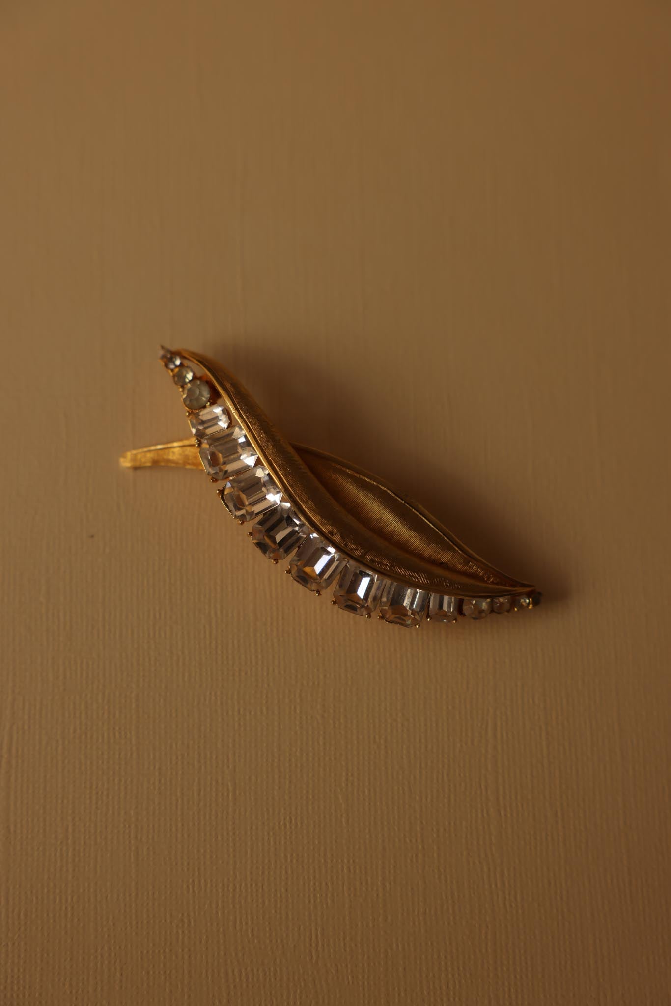 Gold-Tone Leaf Brooch with Baguette Rhinestones|Vintage Baazaar 