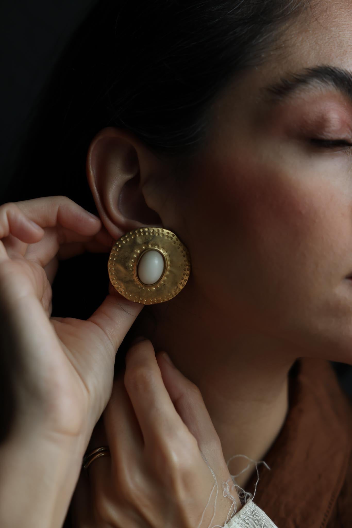Gold-Plated Art Deco Clip-On Earrings with Ivory-Style Cabochons