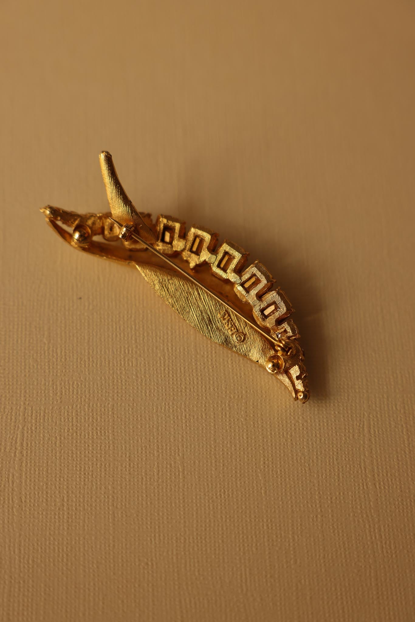 Gold-Tone Leaf Brooch with Baguette Rhinestones|Vintage Baazaar 