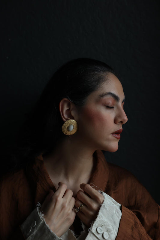 Gold-Plated Art Deco Clip-On Earrings with Ivory-Style Cabochons