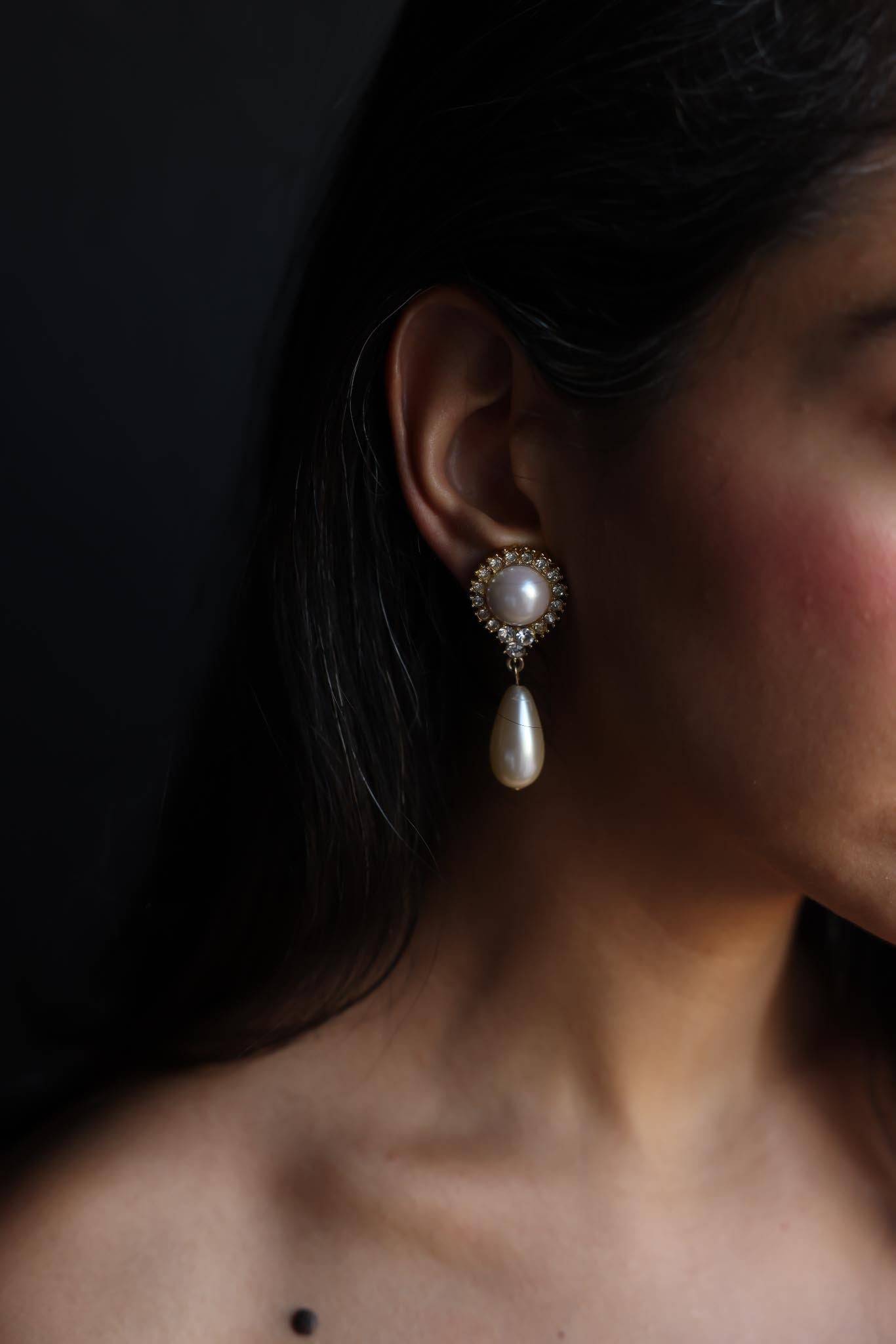 Gold-Tone Clip-On Earrings with Faux Pearls and Rhinestones|Vintage Baazaar 