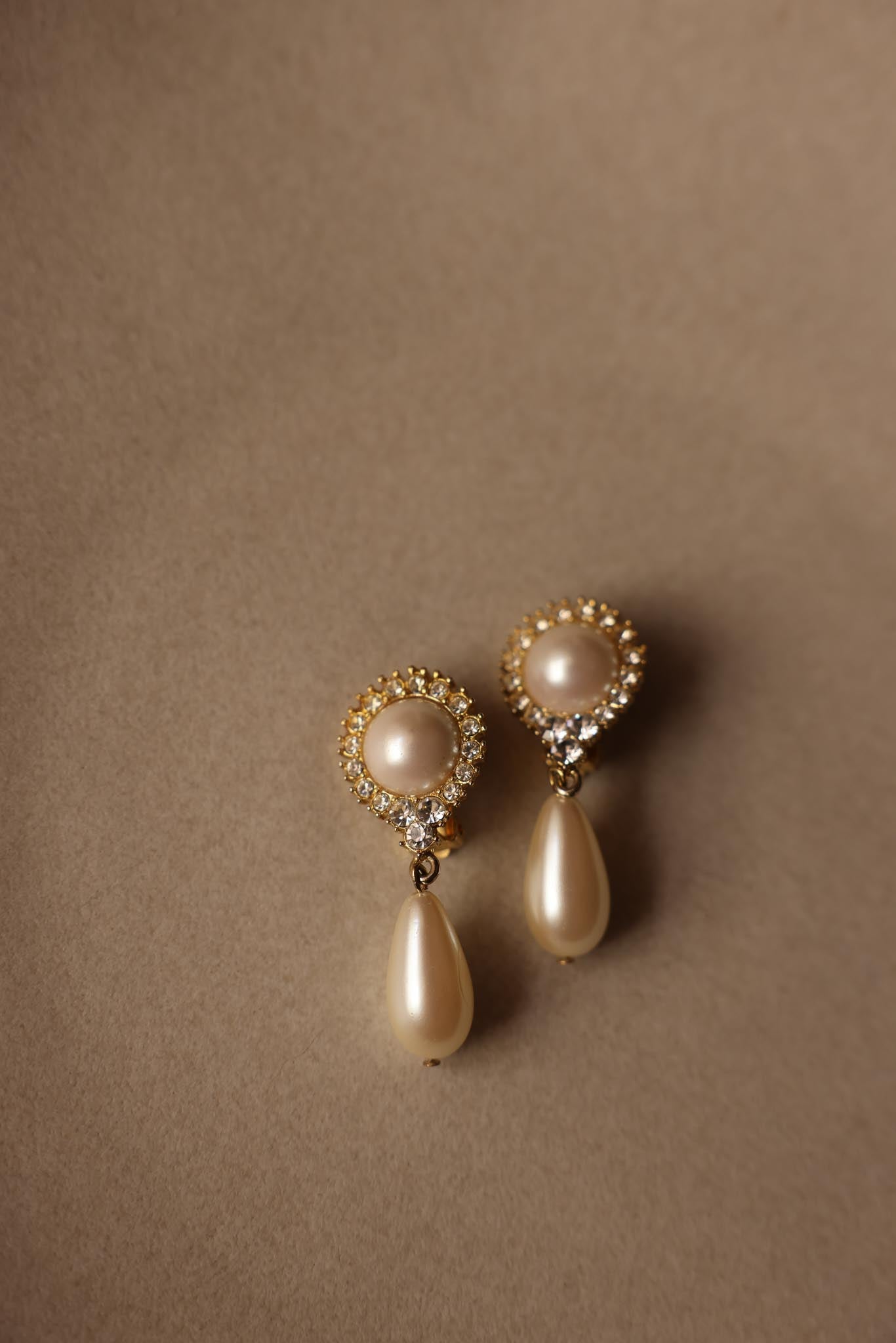 Gold-Tone Clip-On Earrings with Faux Pearls and Rhinestones|Vintage Baazaar 