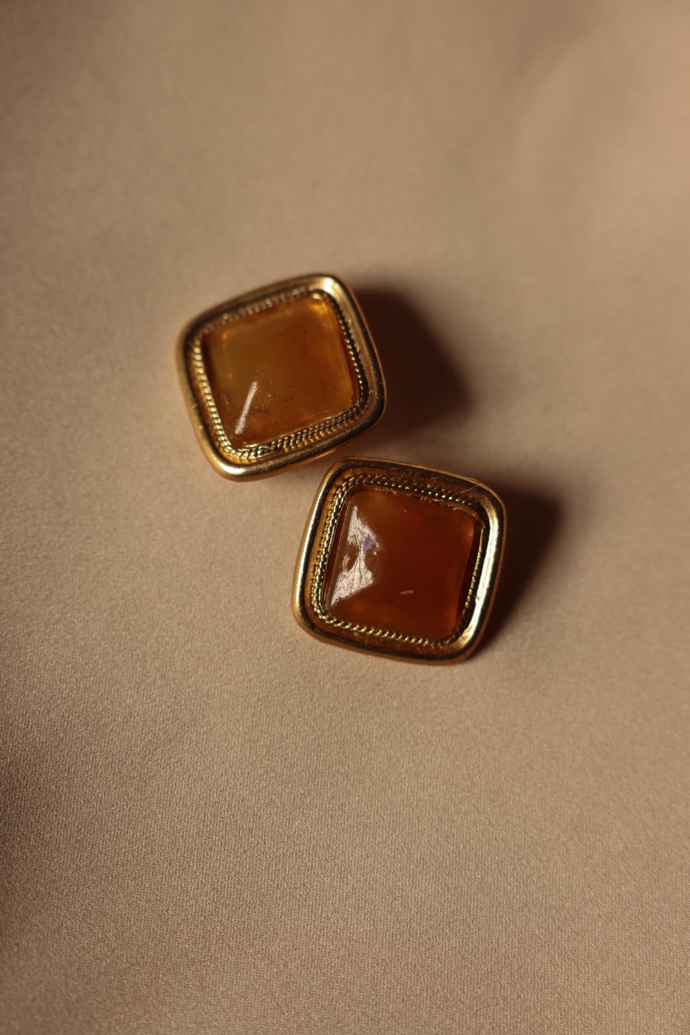 Gold-Tone Clip-On Earrings with Amber Cabochons