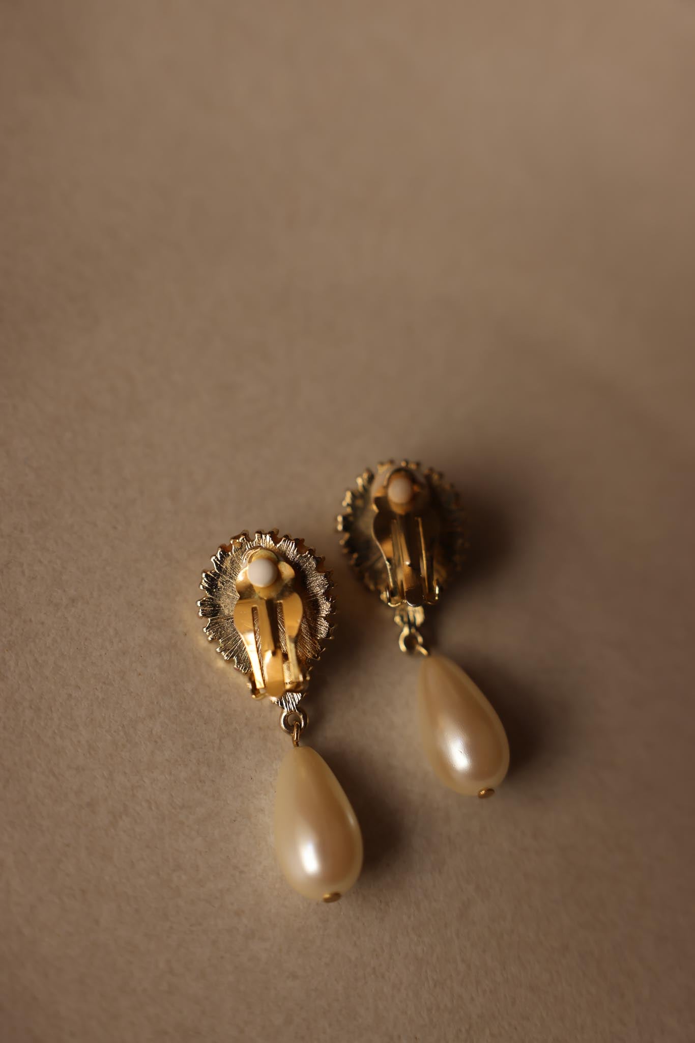Gold-Tone Clip-On Earrings with Faux Pearls and Rhinestones|Vintage Baazaar 