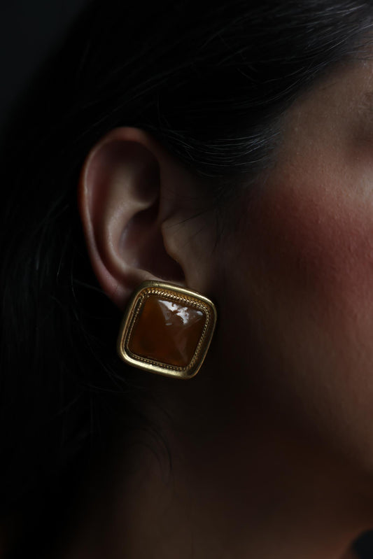 Gold-Tone Clip-On Earrings with Amber Cabochons