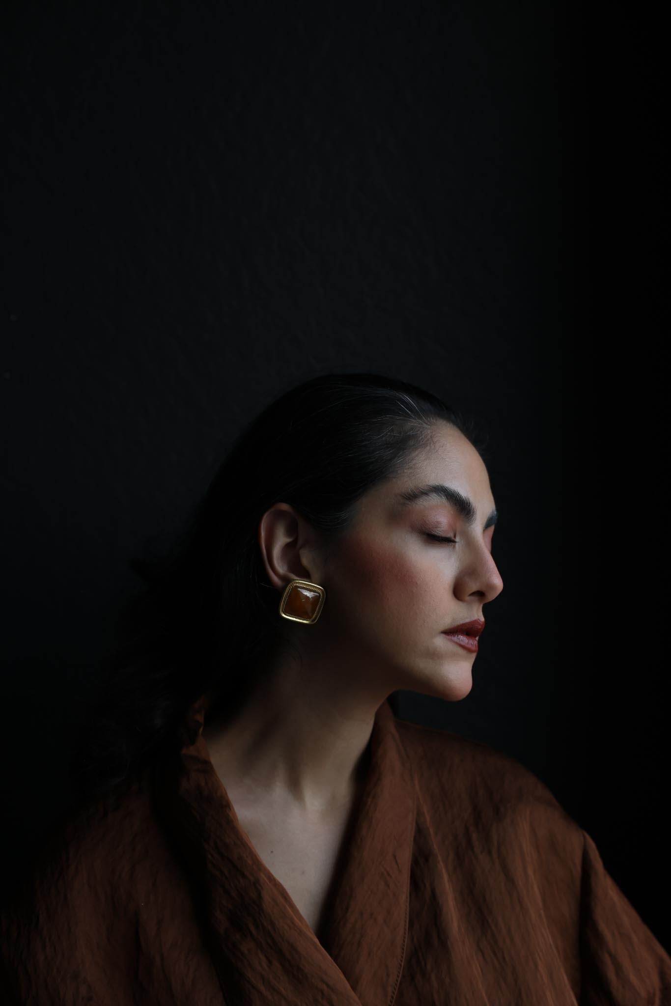 Gold-Tone Clip-On Earrings with Amber Cabochons