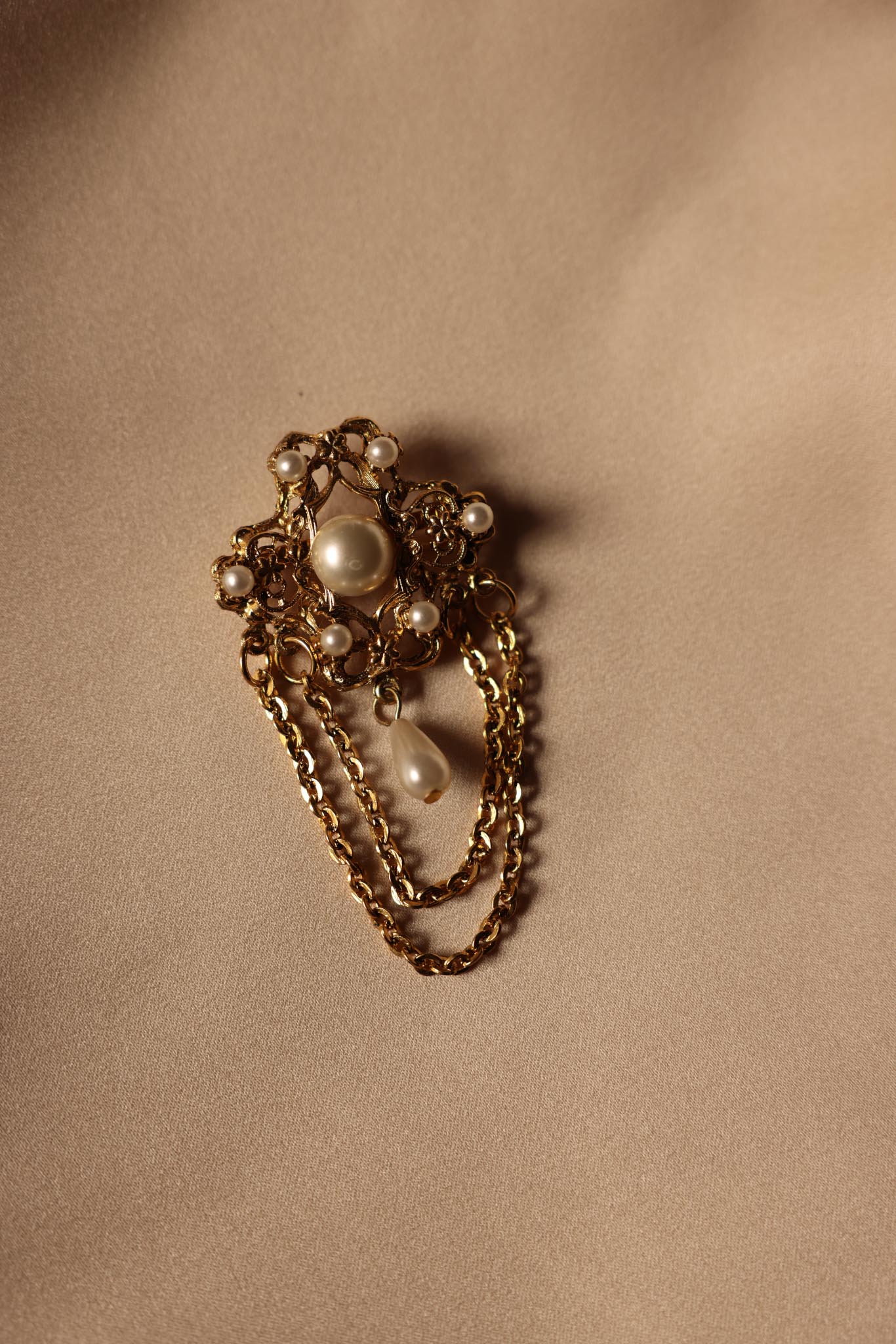 Victorian-Style Filigree Brooch with Faux Pearls and Chain Drapes