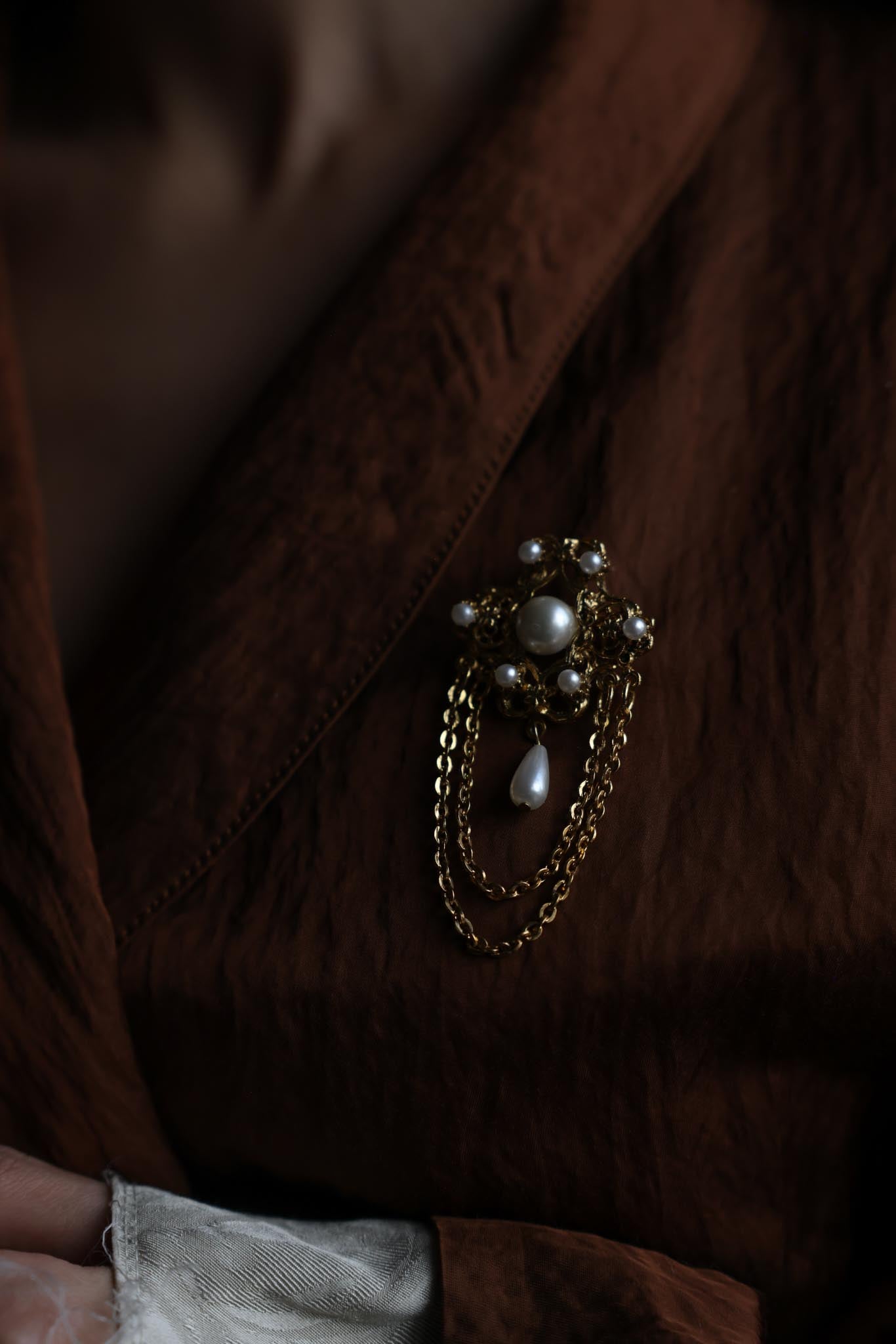 Victorian-Style Filigree Brooch with Faux Pearls and Chain Drapes