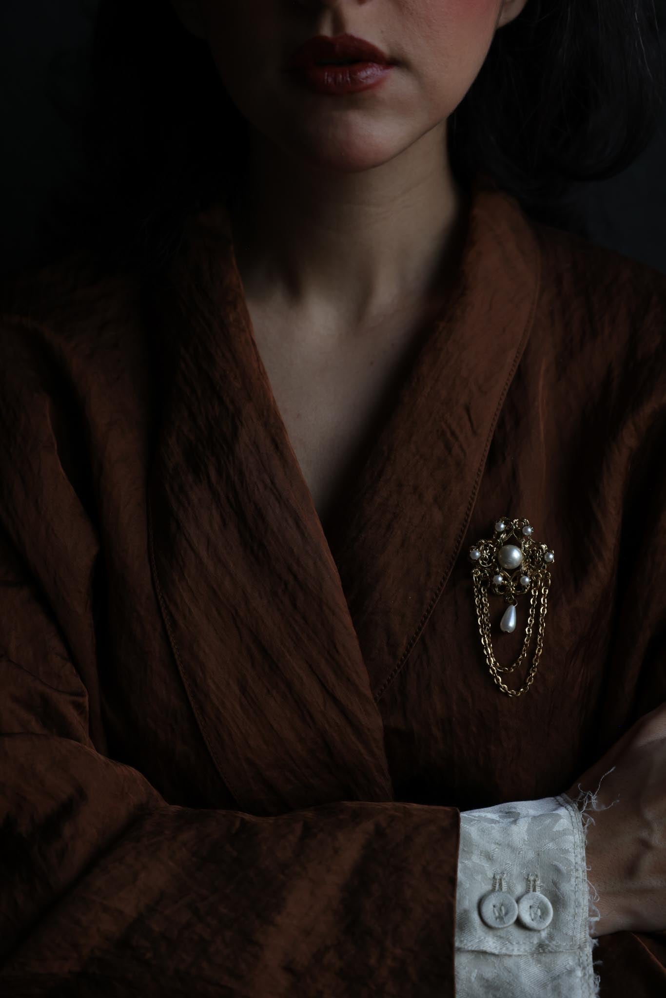 Victorian-Style Filigree Brooch with Faux Pearls and Chain Drapes