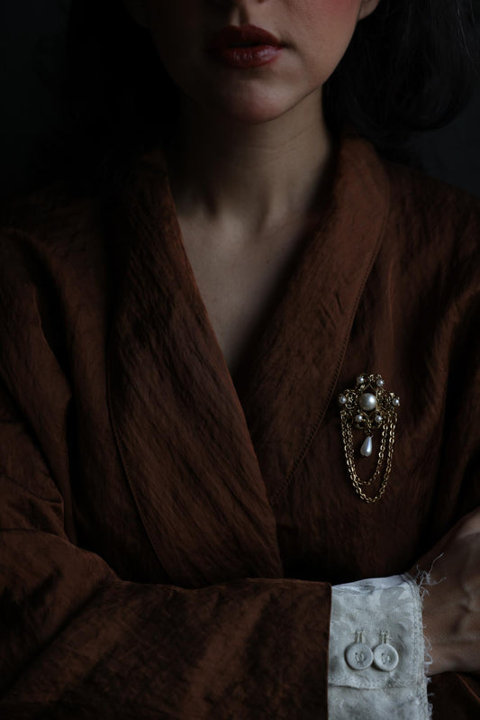 Victorian-Style Filigree Brooch with Faux Pearls and Chain Drapes