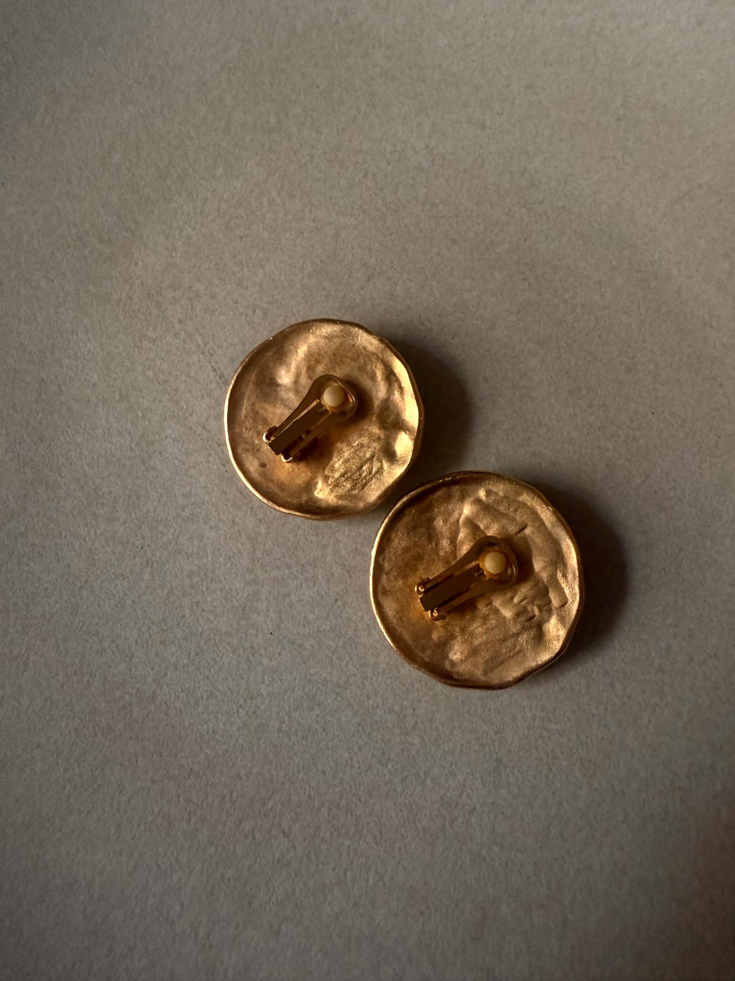 Matte Gold Disc Clip-On Earrings with Green, Purple, and Black Glass Cabochons