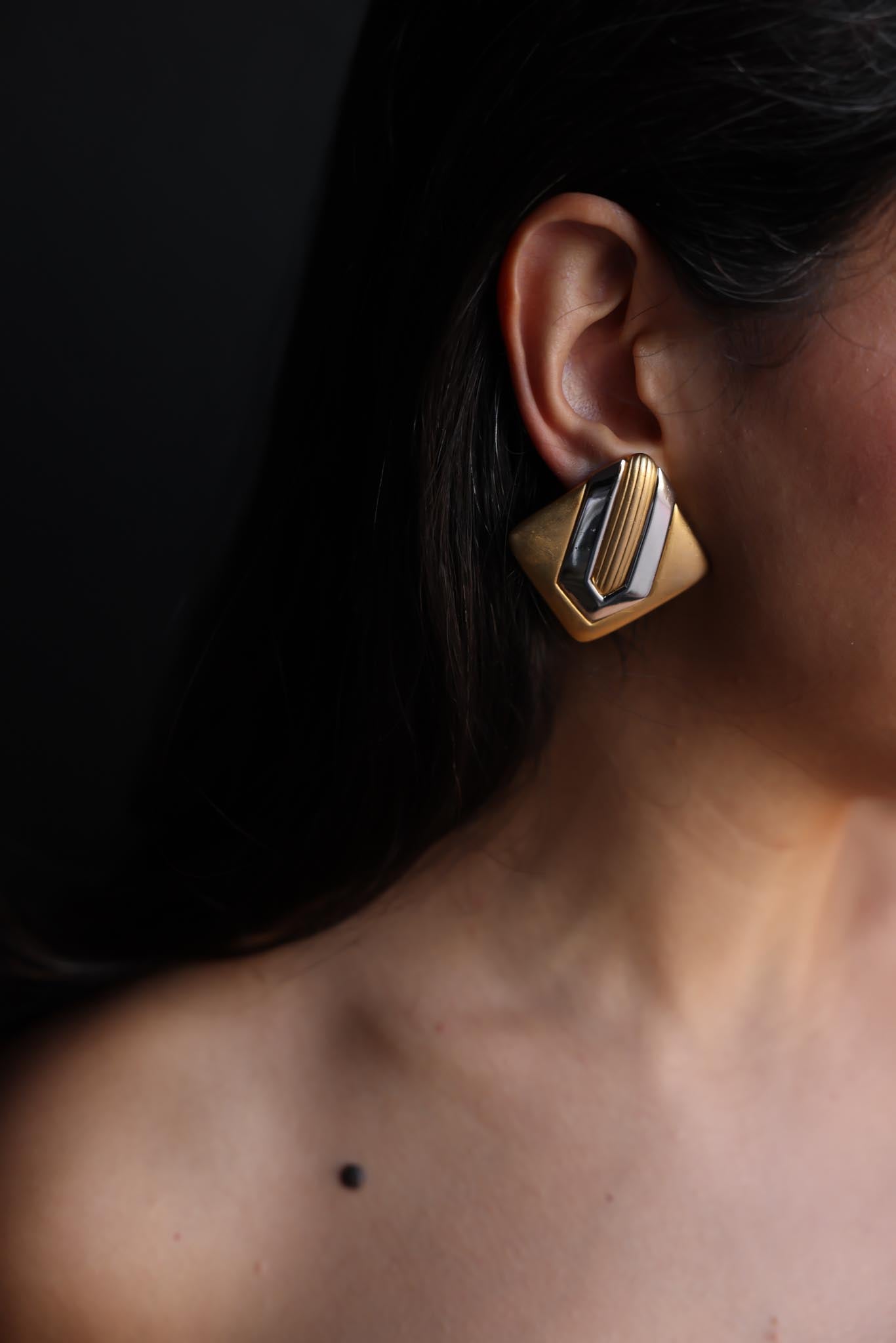 Geometric Two-Tone Clip-On Earrings by P.E.P|Vintage Baazaar 